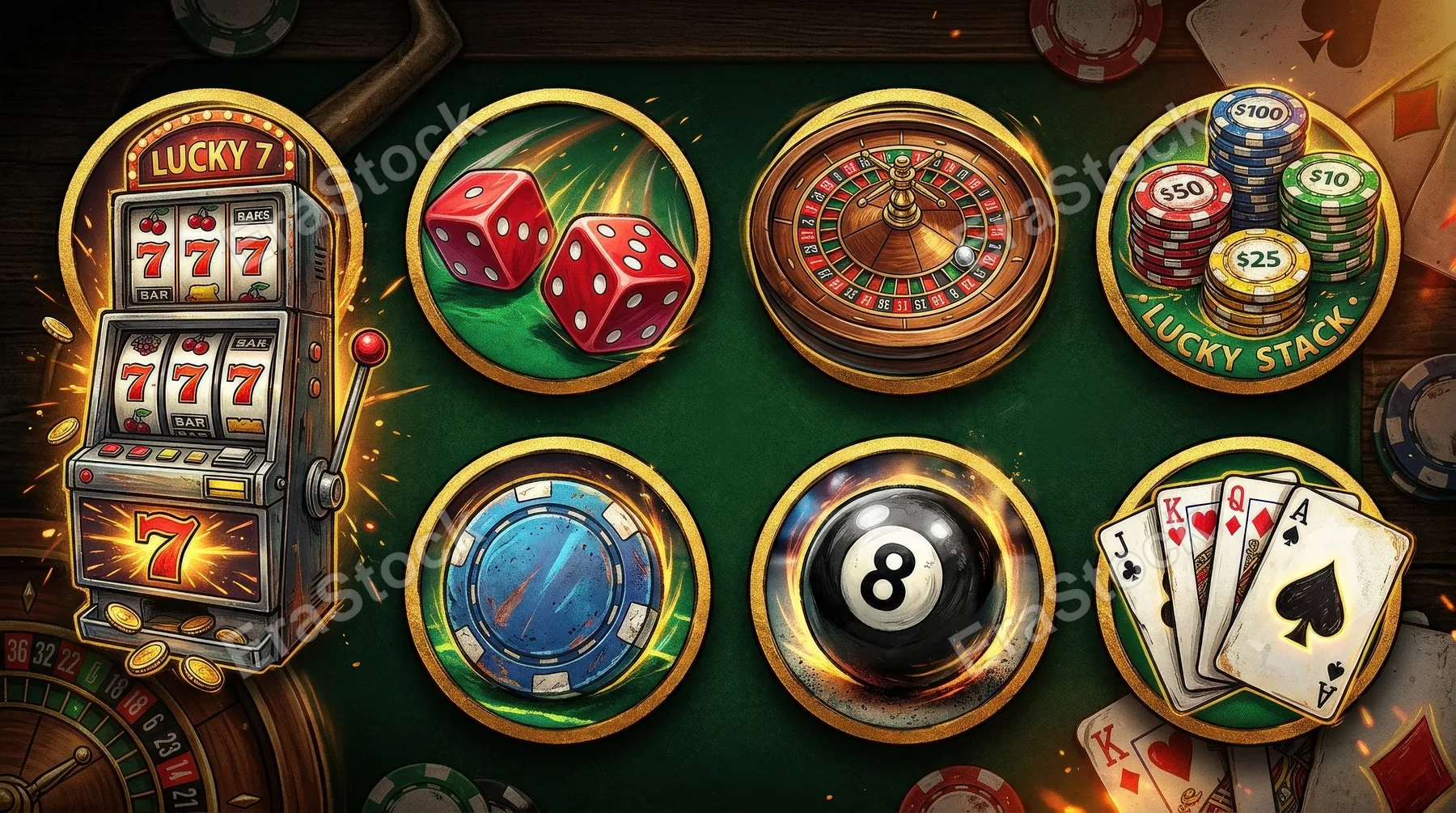 A casino icon set with slot machine, dice, roulette, chips, eight ball and cards, bold lucky-gaming concept with vivid hand-drawn energy, ultra-realistic, no logos.