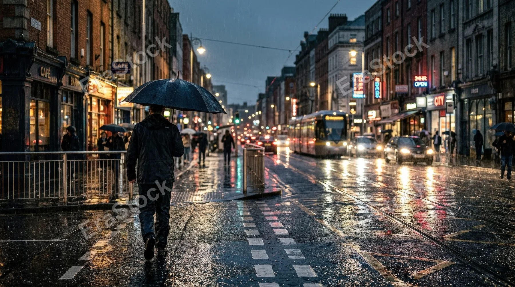 A rainy city scene with an umbrella moving through wet streets, glowing reflections, cool urban palette, moody atmospheric weather, ultra-realistic, no logos.