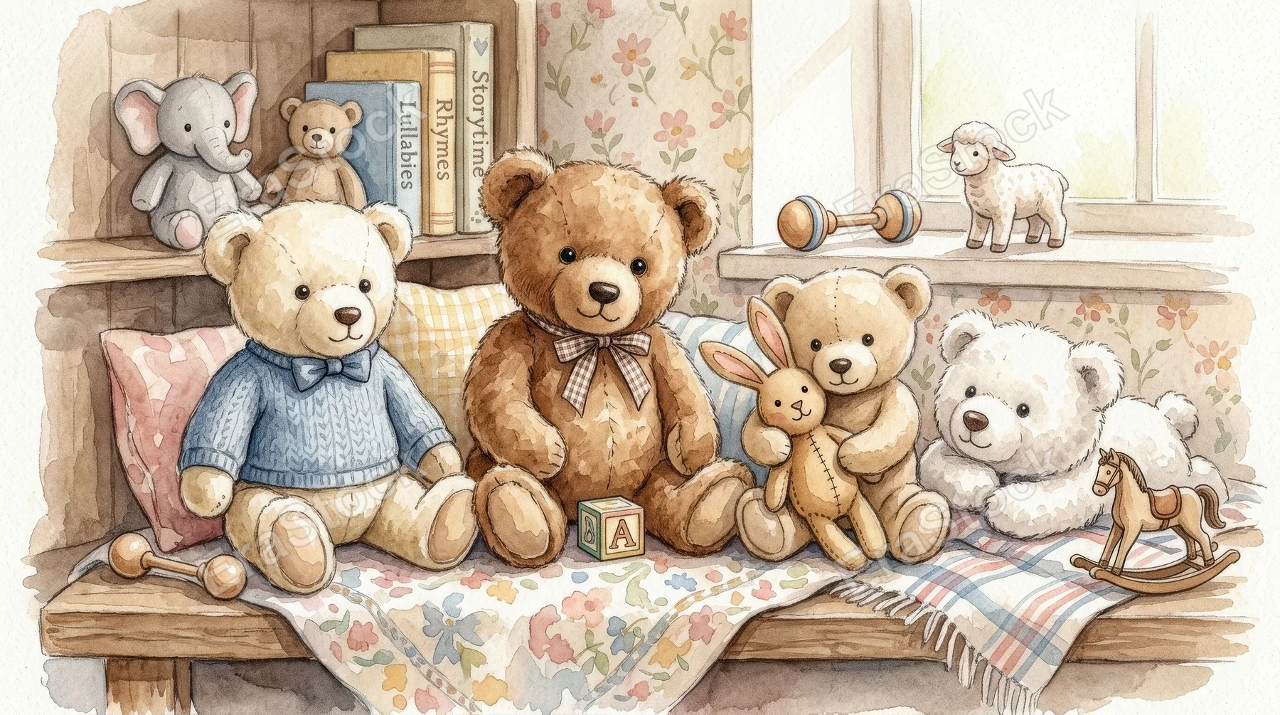 A watercolor teddy bear set with sweet plush toys in different poses, soft hand-painted textures and retro nursery tenderness, ultra-realistic, no logos.