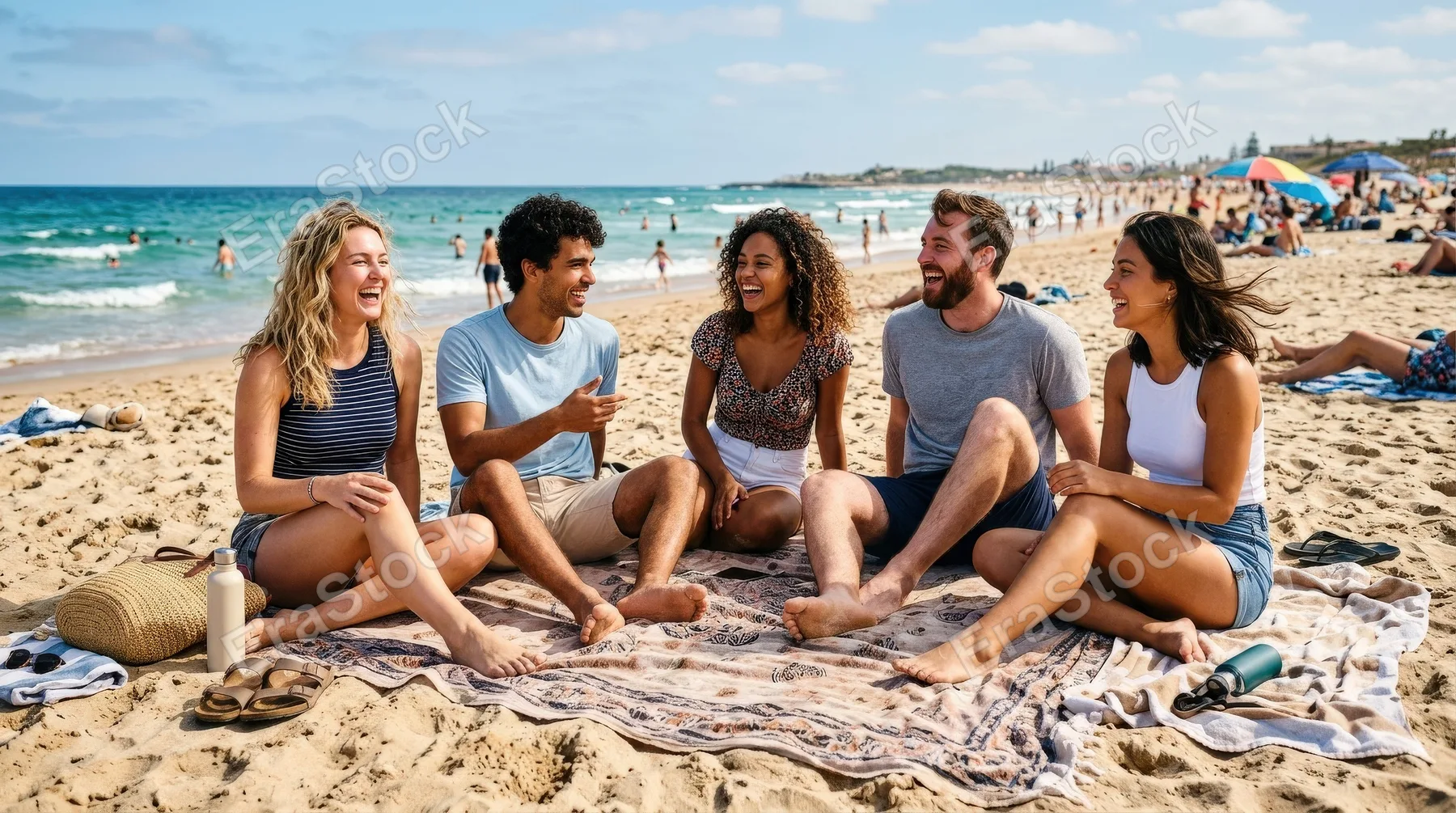 A group of friends enjoying a sunny day together on a beach, casual clothing, sand and sea, spontaneous smiles, cheerful summer mood, ultra-realistic, no logos.