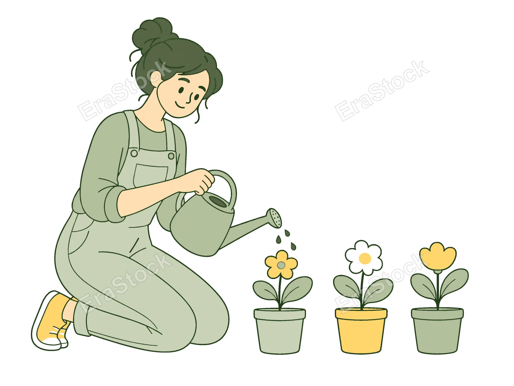 A young woman in overalls kneels and waters three potted flowers with a watering can, symbolizing growth and nurturing