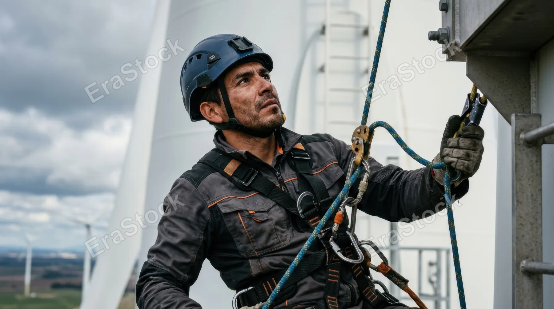 a close-up of the 36-year-old hispanic male wind turbine technician engaged in using ropes and harnesses for tower inspections, highlighting his focused expression and