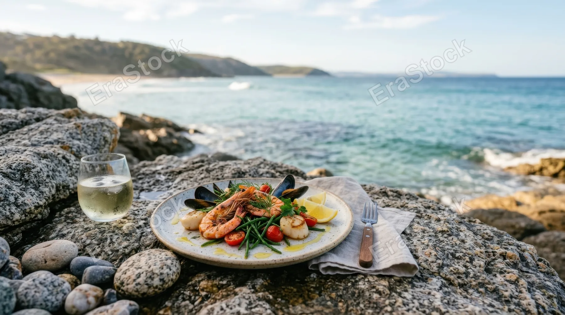 a serene coastal scene showcasing a beautifully arranged minimalist seafood dish on textured rocks, vibrant colors of the fresh seafood contrasting with soft blue ocean