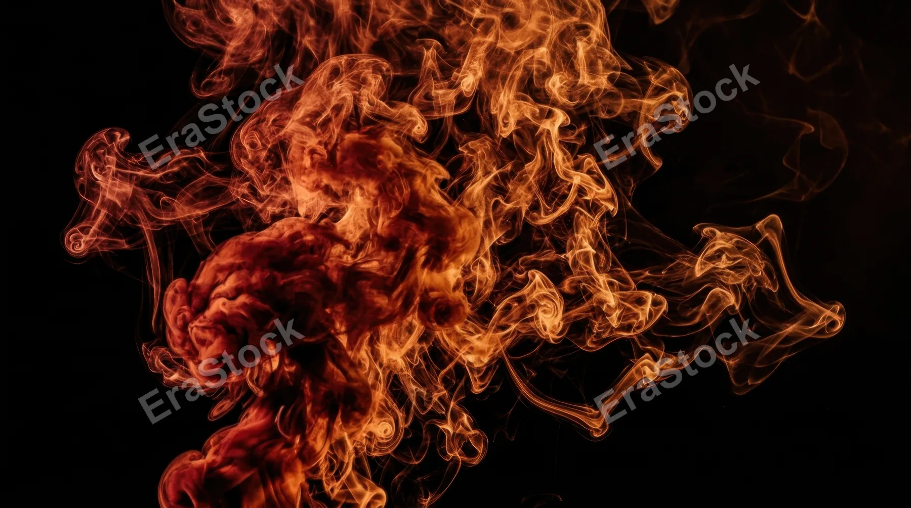 Thick billowing smoke in deep crimson and burnt orange tones slowly expanding against a pure black background, intricate turbulent wisps and curling tendrils branching