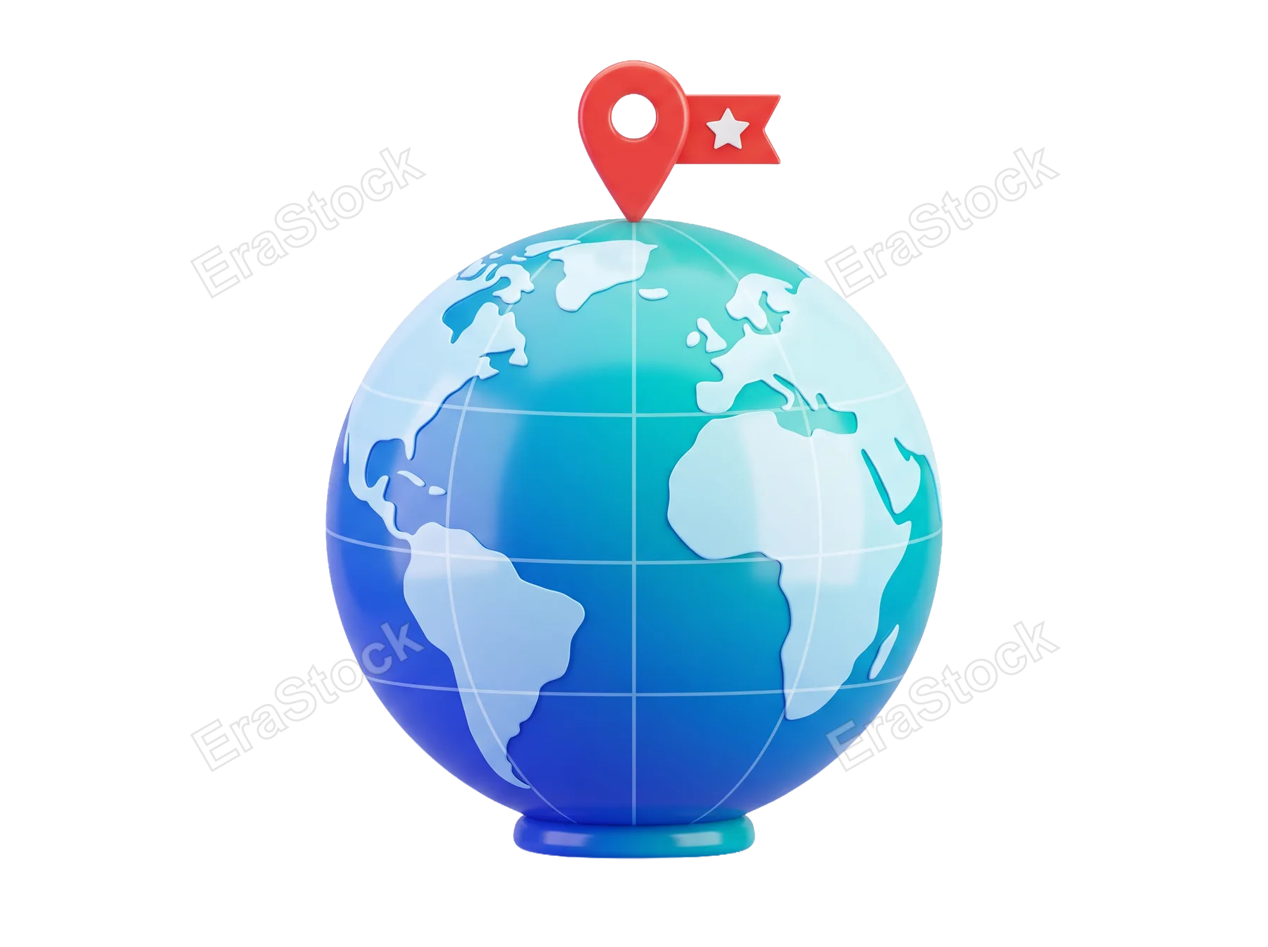 A stylized 3D render of planet Earth featuring a prominent red map marker and a small flag, symbolizing worldwide destinations and exploration
