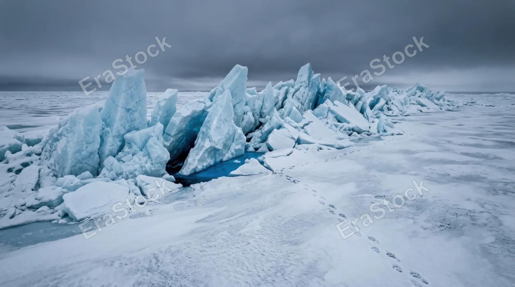 An Arctic pressure ridge at midday, enormous slabs of sea ice forced vertically by tectonic collision of ice sheets, jagged translucent blue turrets rising four meters