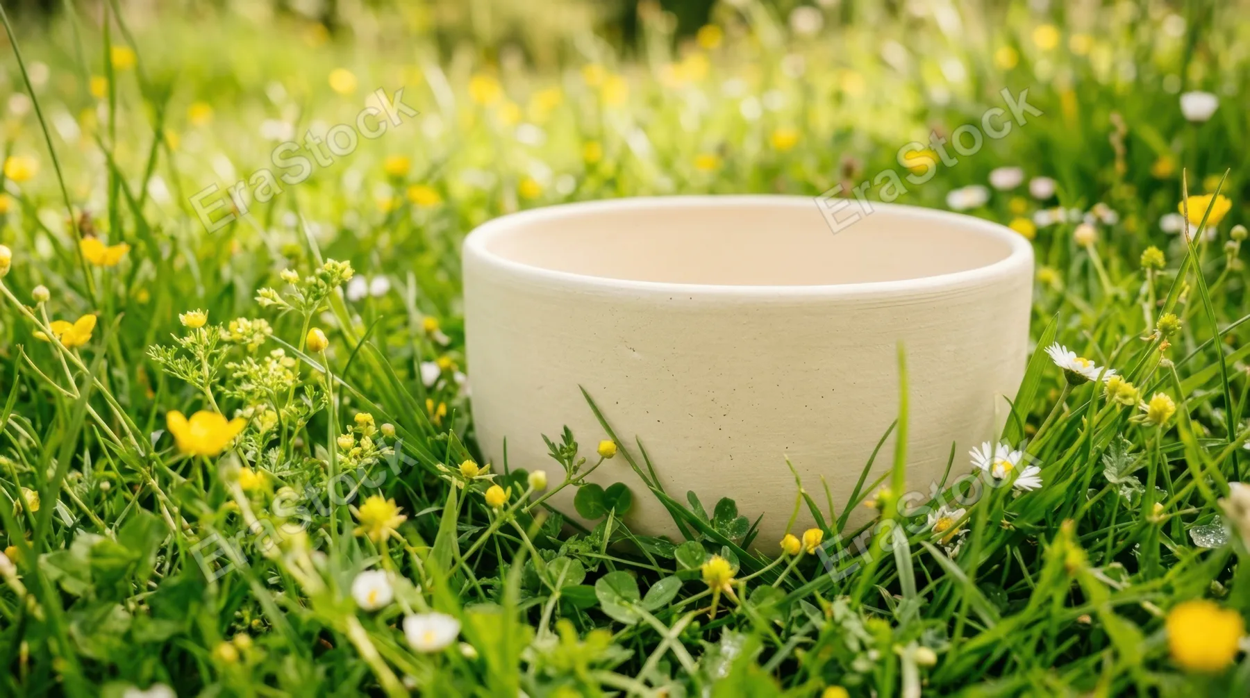 a close-up view of the matte cream tub resting amidst the lush green grass, with wildflowers softly framing the scene. the focus is sharp on the tub's texture and color
