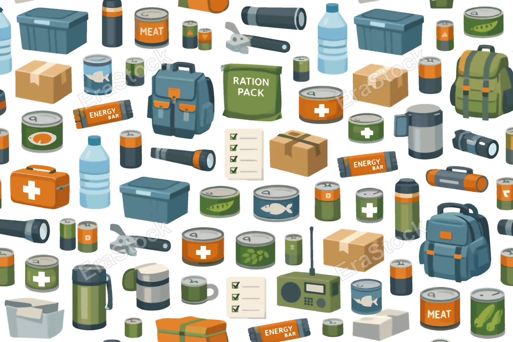 Emergency food supply seamless pattern for preparedness and survival kits featuring canned meat, canned fish, canned vegetables, water bottle, ration pack, energy bar, flashlight,