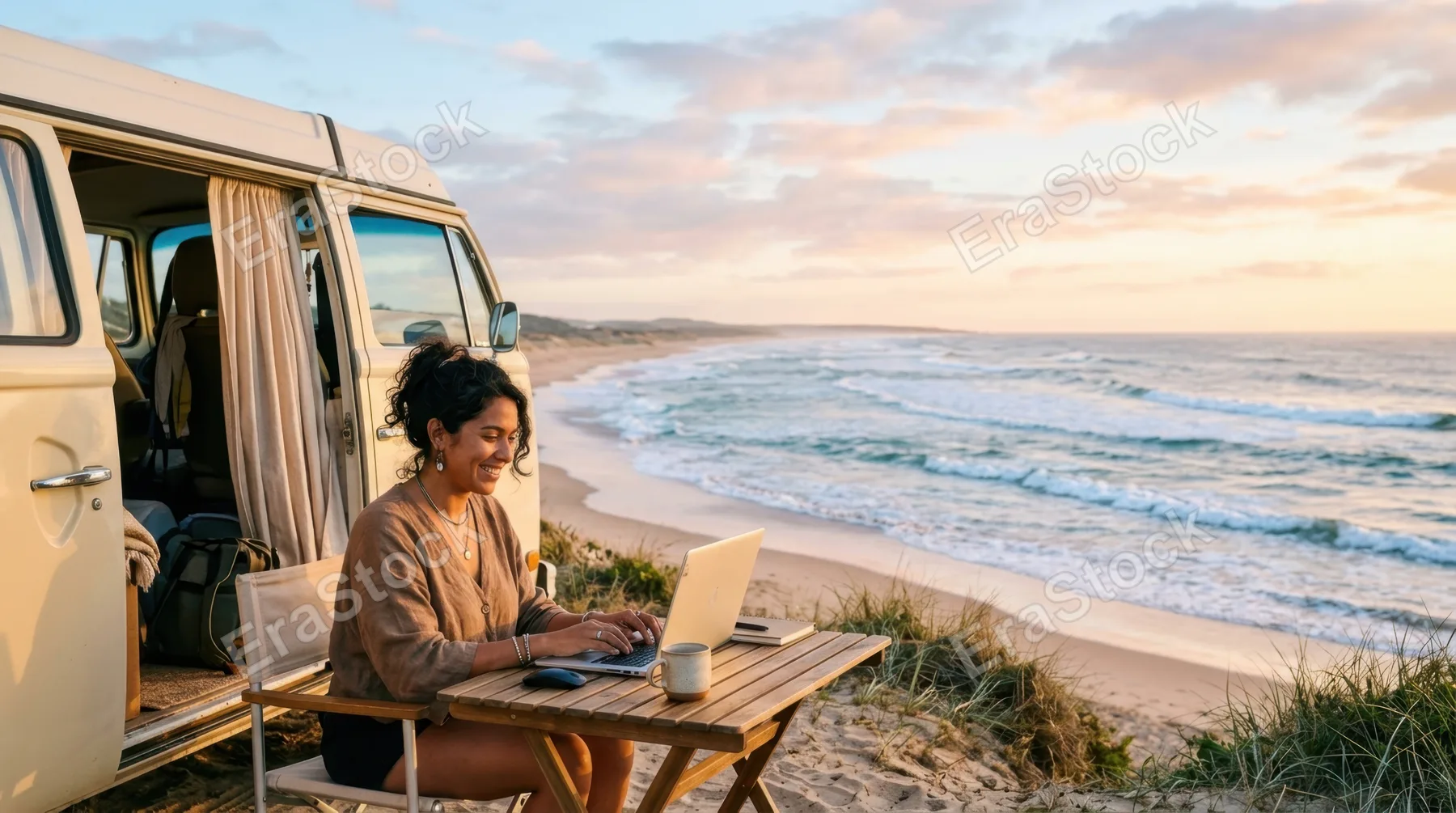 a 31-year-old latina female remote worker, seated at a small foldable table outside her campervan, is immersed in her laptop while enjoying the vibrant view of crisp