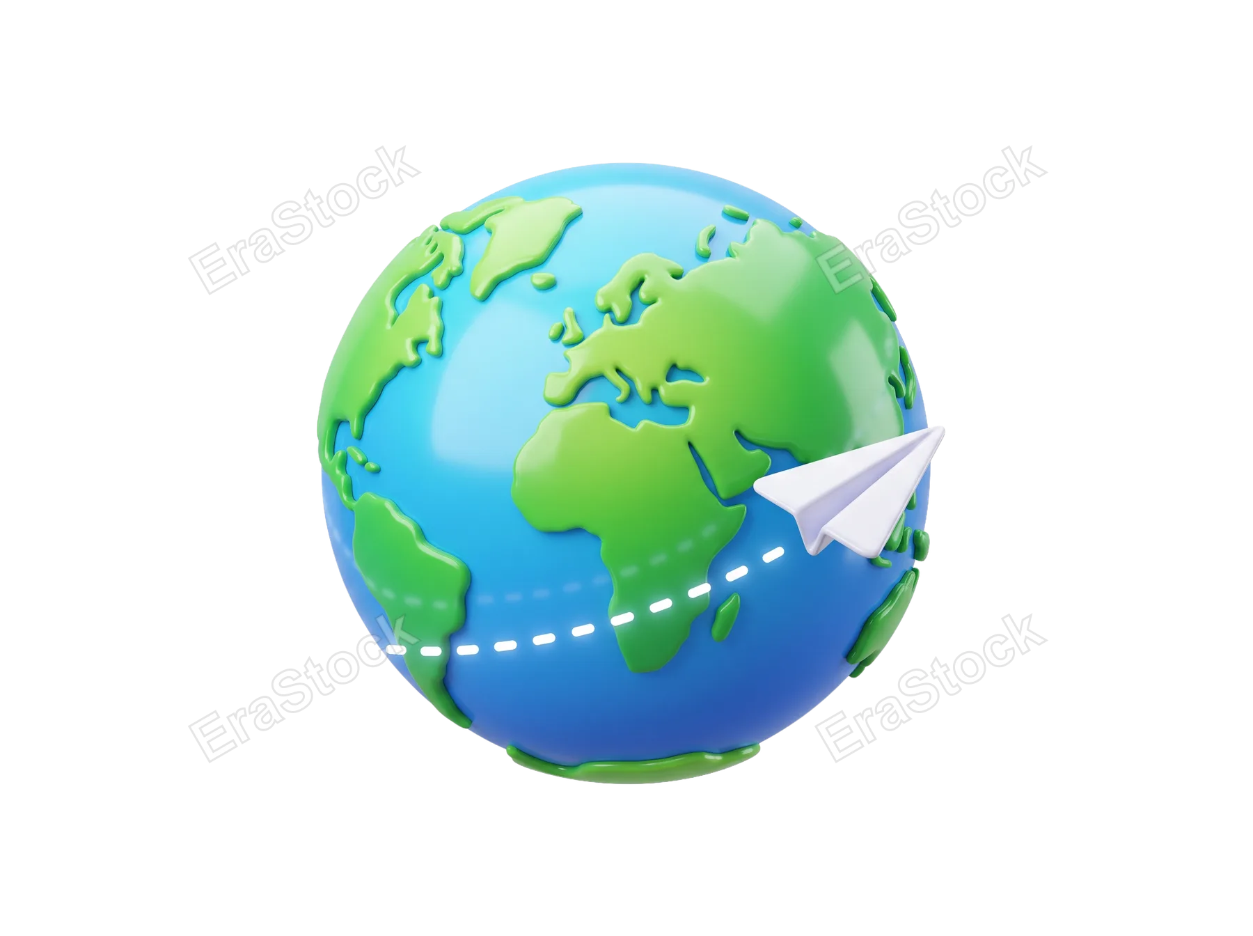 A white paper airplane flies around a stylized 3D globe, following a dotted line representing a journey