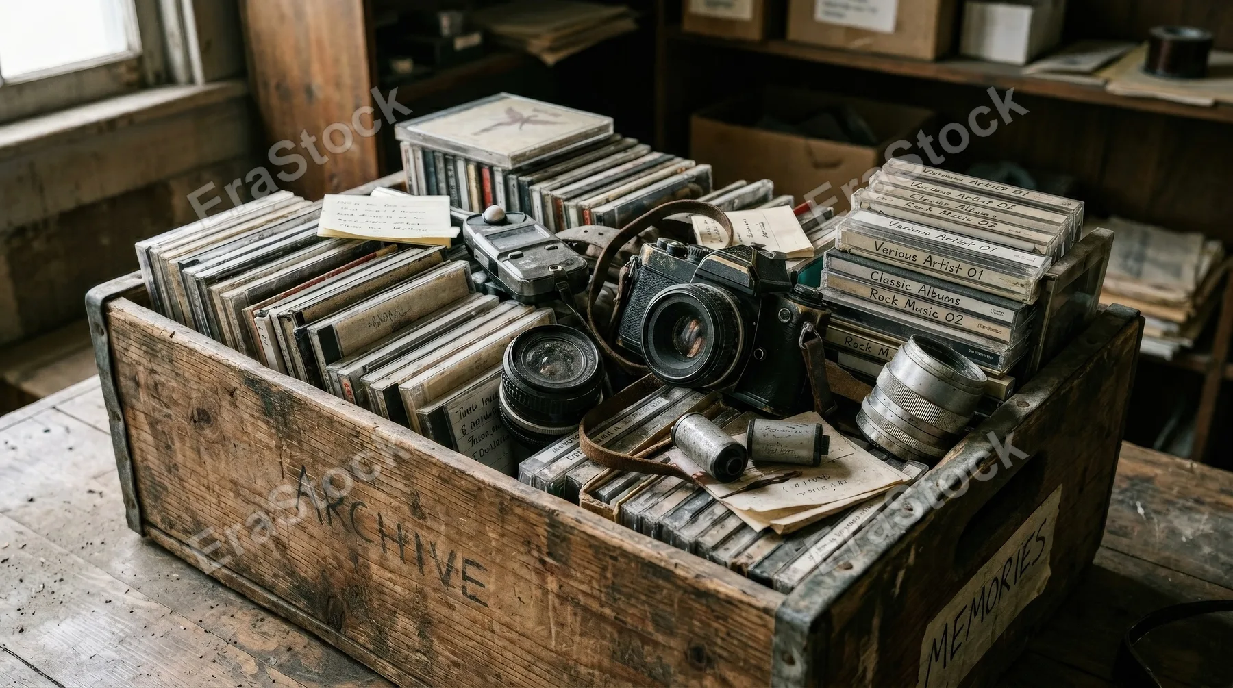 A weathered crate filled with old music CDs and vintage photographic equipment, scratched jewel cases, aged lenses, nostalgic clutter, soft directional light, archival atmosphere, ultra-realistic, no