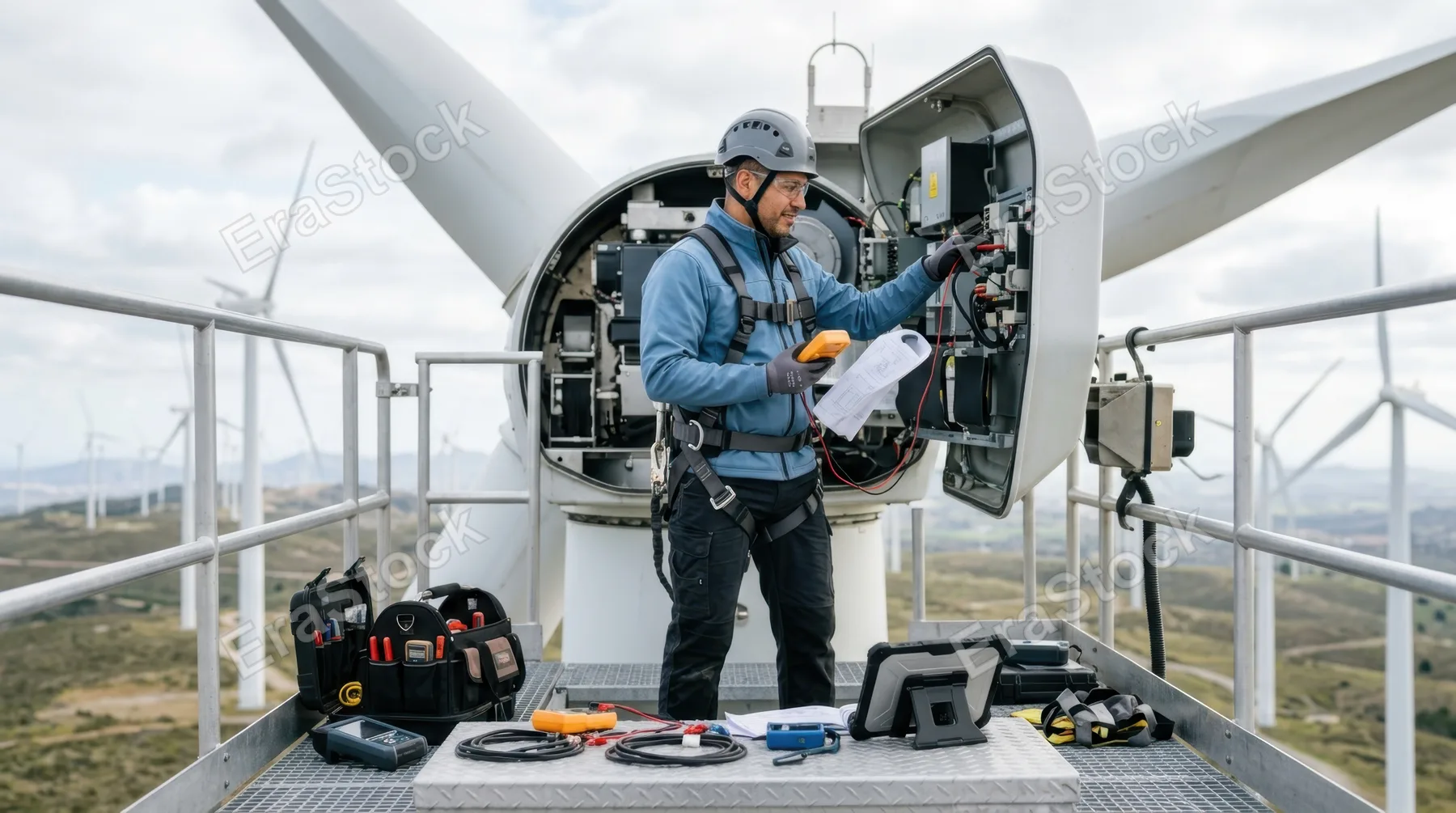 a 36-year-old hispanic male wind turbine technician confidently inspecting a wind turbine, positioned centrally amid neatly organized tools and equipment for tower