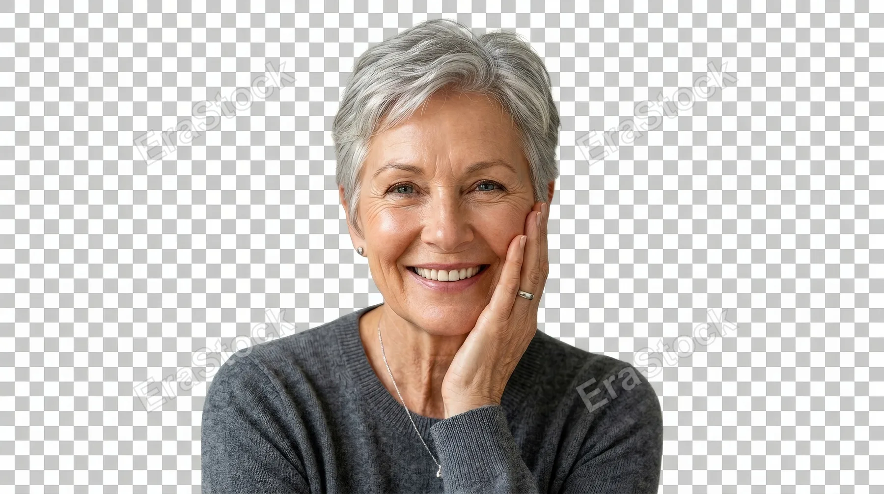 A senior woman with short gray hair touching her face and smiling confidently, glowing healthy skin, isolated on transparent background, soft beauty lighting and elegant simplicity, ultra-realistic,