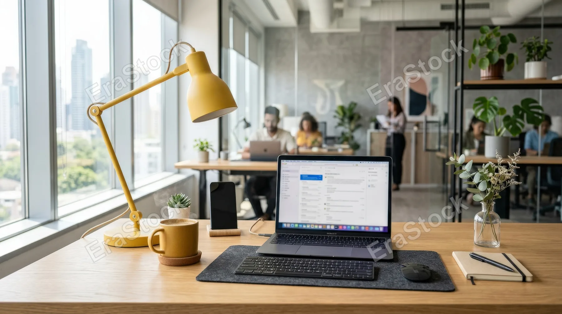 A bright modern office desk with a yellow lamp and coffee cup, clean workspace styling, soft daylight and polished commercial ambiance, ultra-realistic, no logos.