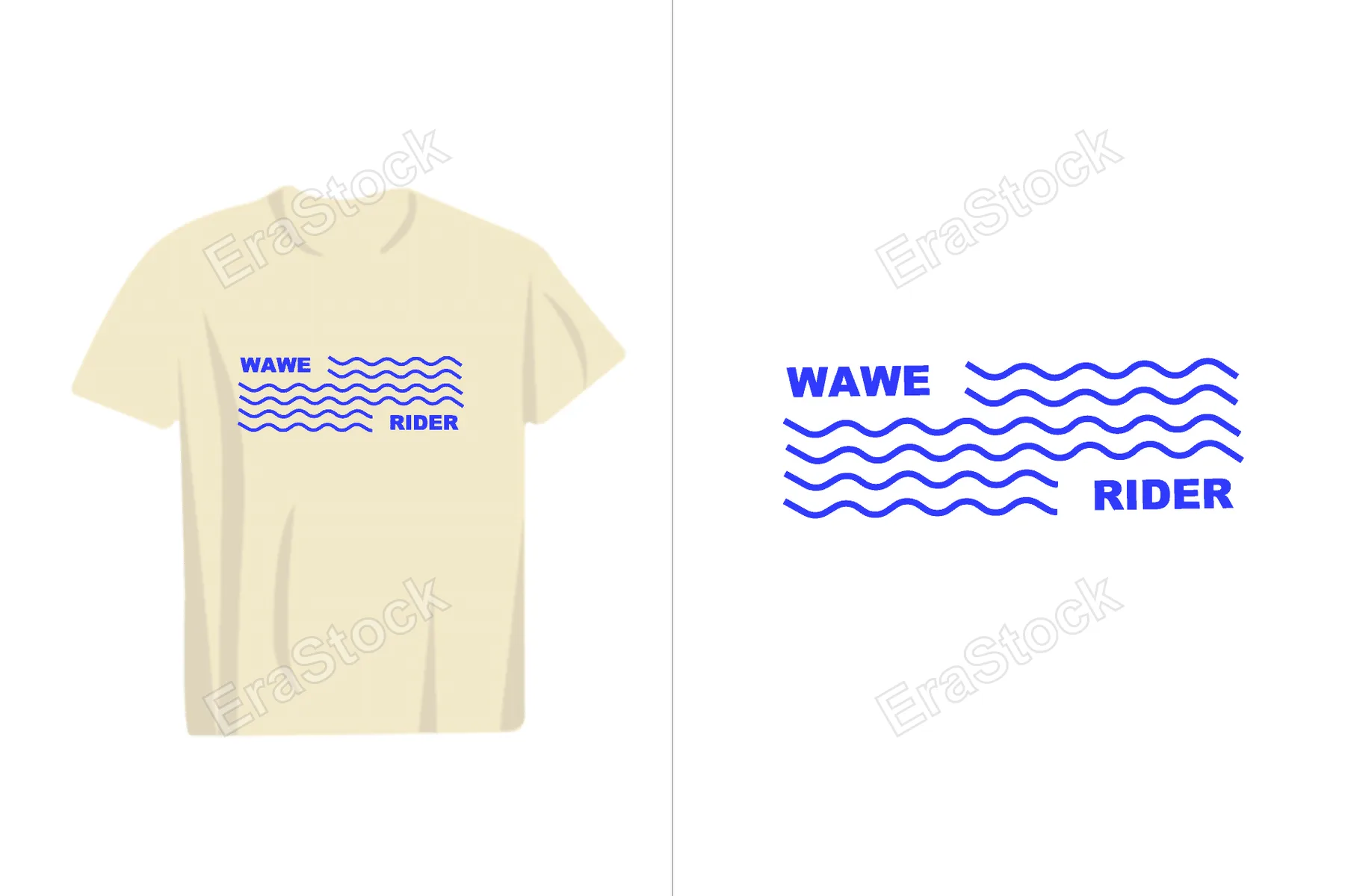 A clean graphic featuring the words WAWE RIDER alongside stylized blue ocean waves, perfect for surf culture apparel
