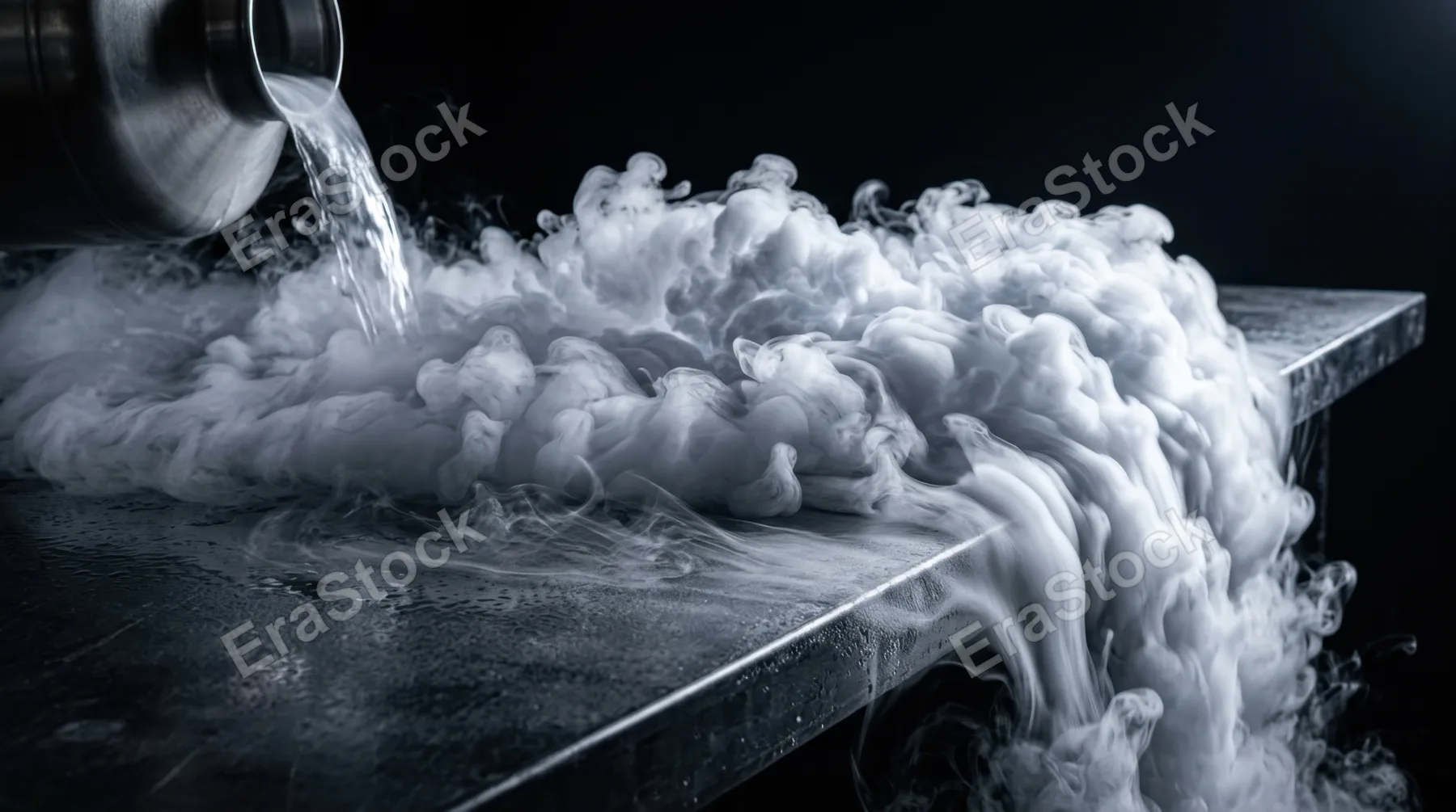 Cryogenic liquid nitrogen pouring across a dark flat surface and instantly vaporizing into a rolling ground-hugging fog cloud, the ultra-cold vapor cascading over the