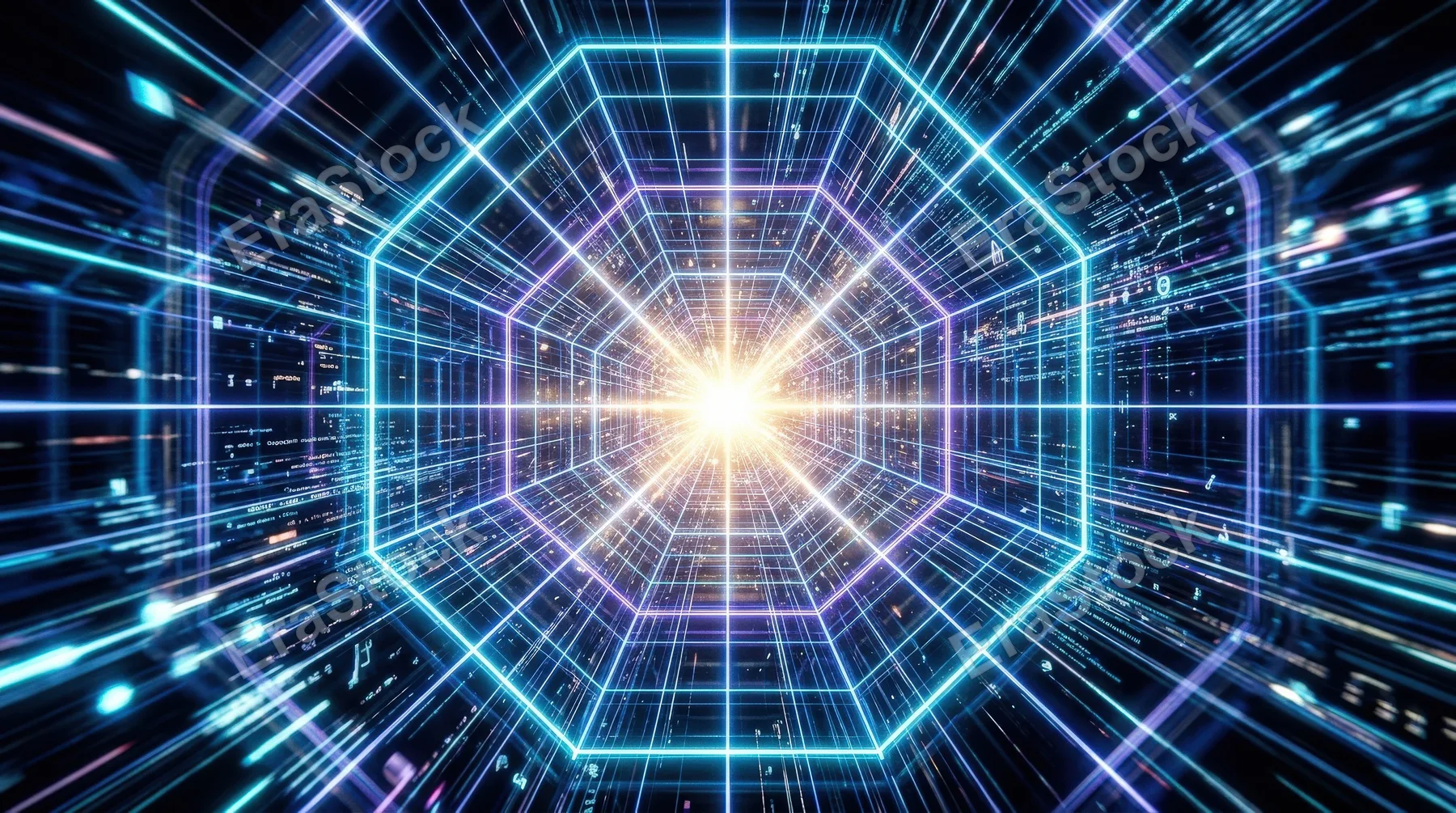 A futuristic grid tunnel with a radiant light burst at the center, high-speed data-flow perspective and immersive virtual depth, ultra-realistic, no logos.