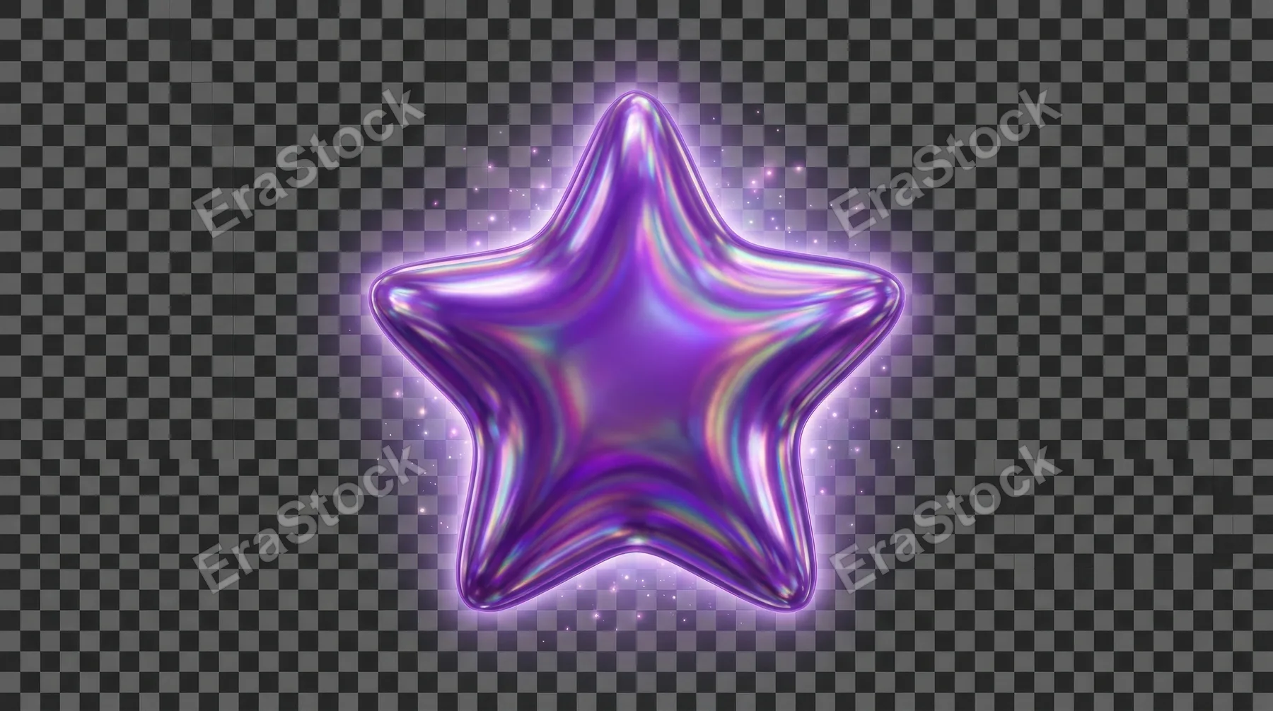 A holographic star shape in glossy purple pearl finish, isolated on transparent background, iridescent shimmer, smooth inflated edges, dreamy mystical mood, ultra-realistic, no logos.