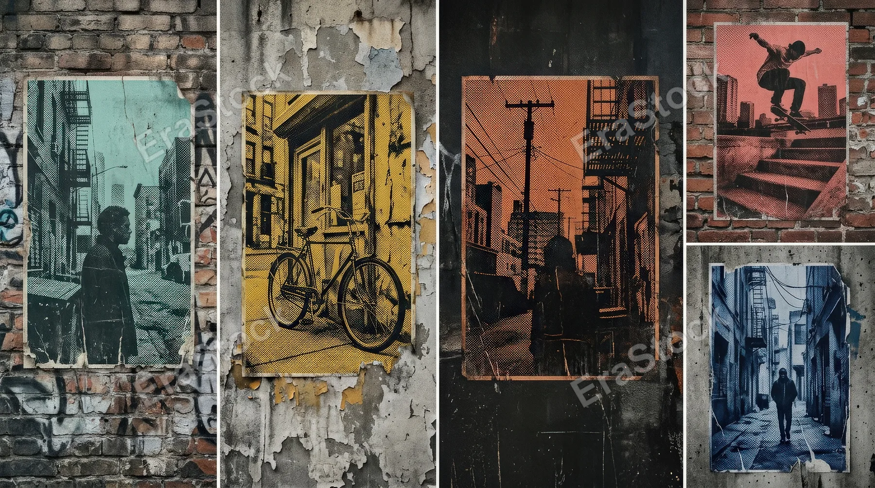 Grunge halftone color backgrounds in duotone vertical formats, faded urban tones and a bold street-poster atmosphere, ultra-realistic, no logos.