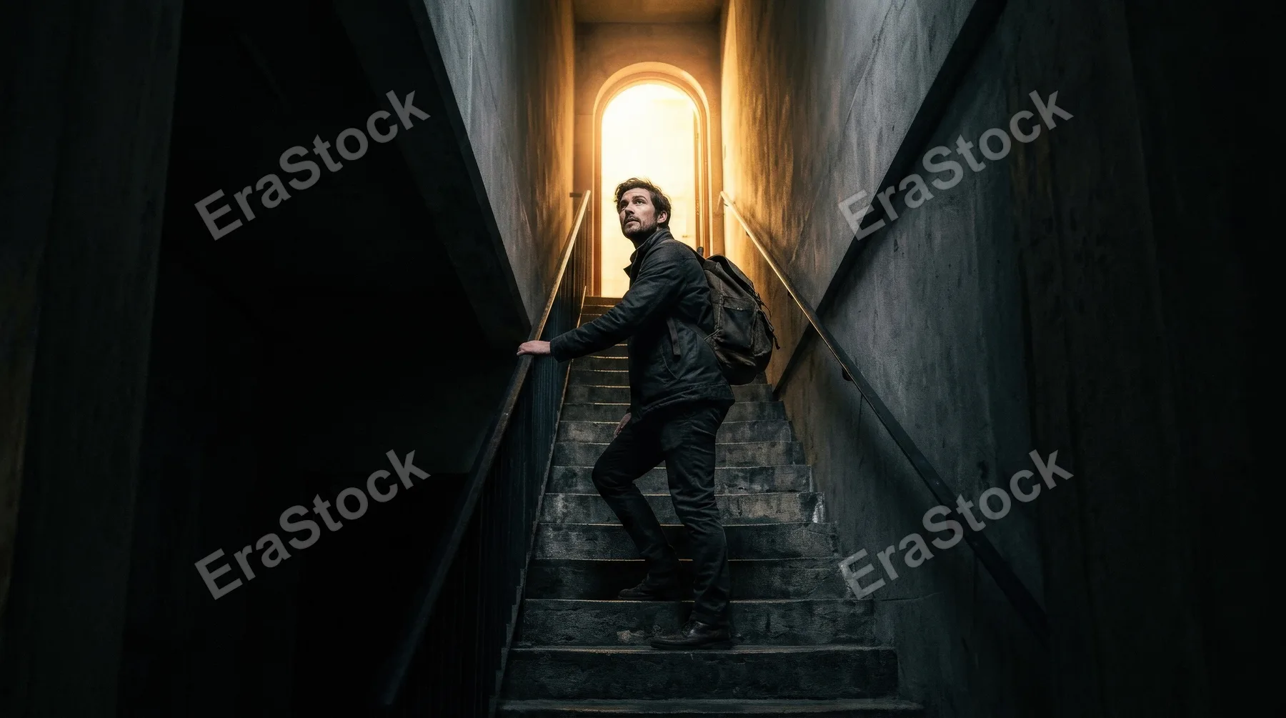 A man on a dark staircase looking toward a glowing entry, deep shadows, stark lines, radiant doorway and a strategic atmosphere of vision, goals, and reaching success, ultra-realistic, no logos.