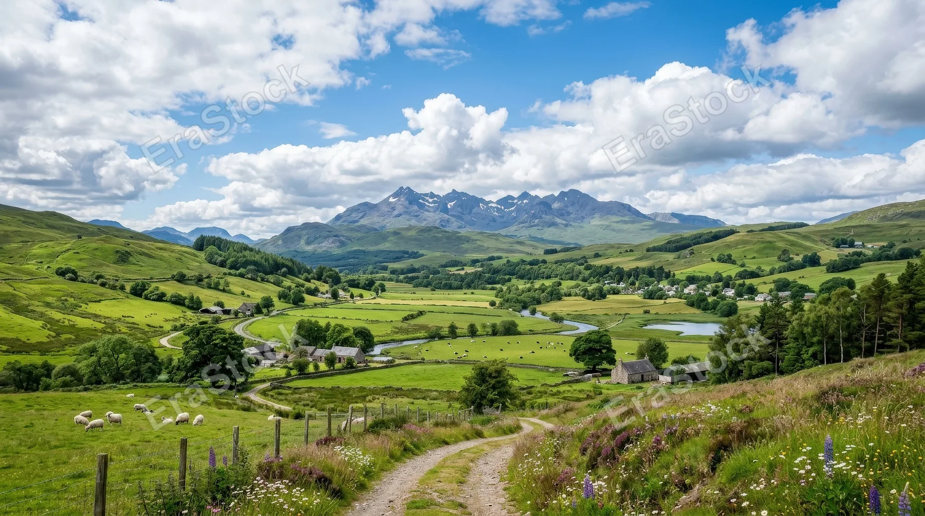 A beautiful countryside landscape with mountains, hills, meadows, fields and clouds in a blue sky, fresh open-air serenity and pastoral calm, ultra-realistic, no logos.