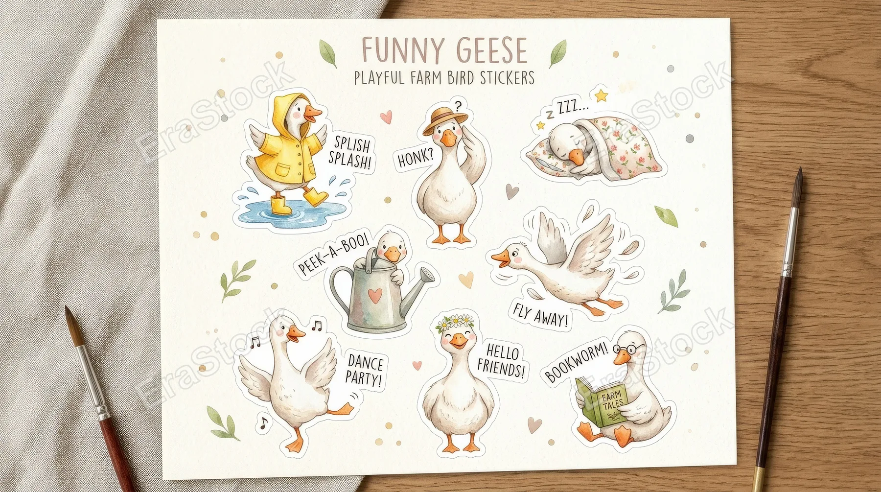 A cute goose sticker set with funny farm bird poses, soft watercolor texture and playful nursery energy, ultra-realistic, no logos.