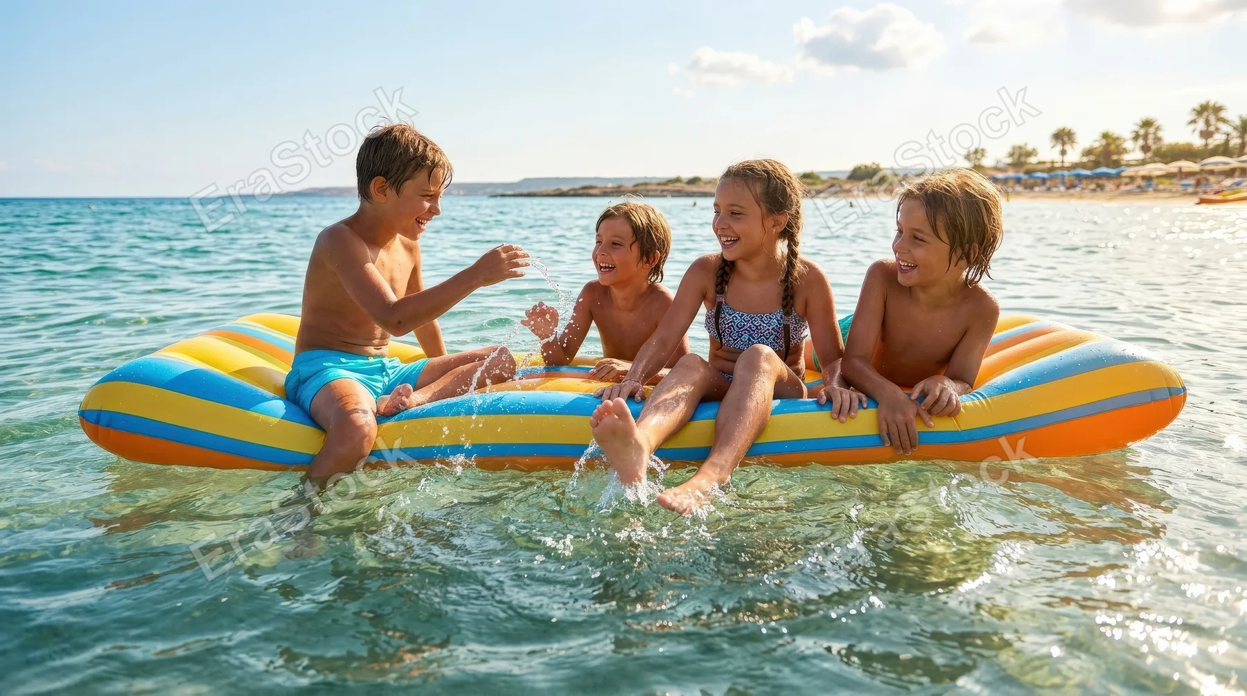 Happy tanned kids floating on an inflatable mattress in the ocean, sparkling summer water, playful movement and carefree vacation joy, ultra-realistic, no logos.