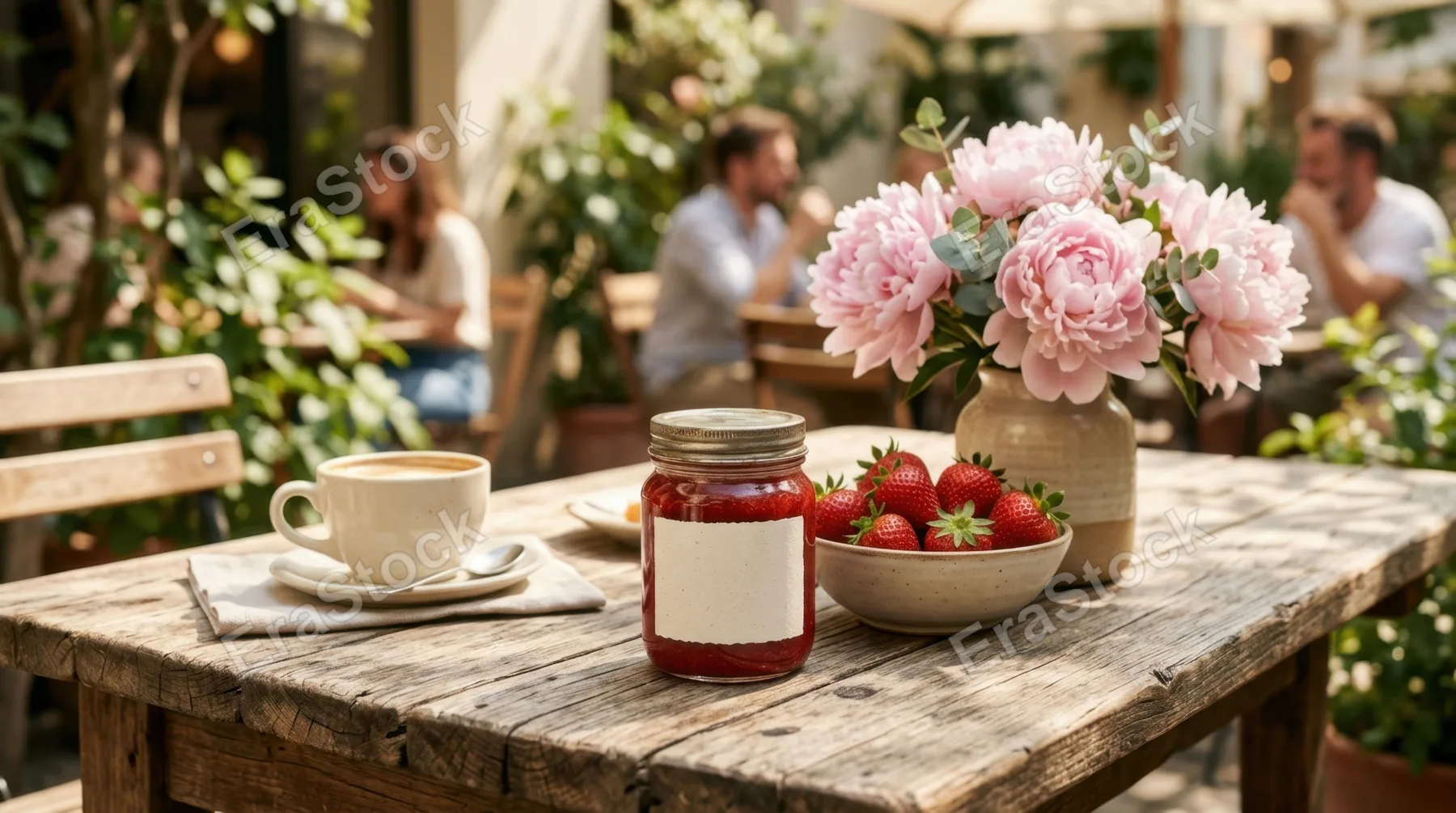 a serene outdoor cafe table set under warm sunlight, capturing the essence of fresh coffee and conversation. the focus is on a blank-label strawberry jam jar resting on a