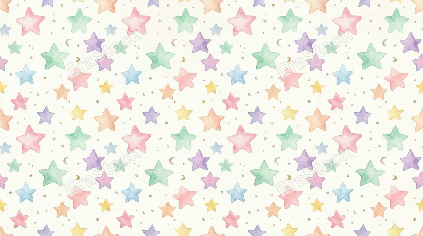 A seamless watercolor star pattern in pastel tones, cute dreamy nursery design with gentle festive sparkle, ultra-realistic, no logos.