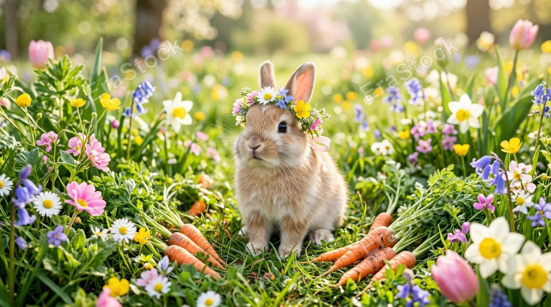 A cute Easter bunny surrounded by carrots and spring blossoms, soft fur, pastel meadow details, bright morning light, playful seasonal joy, ultra-realistic, no logos.