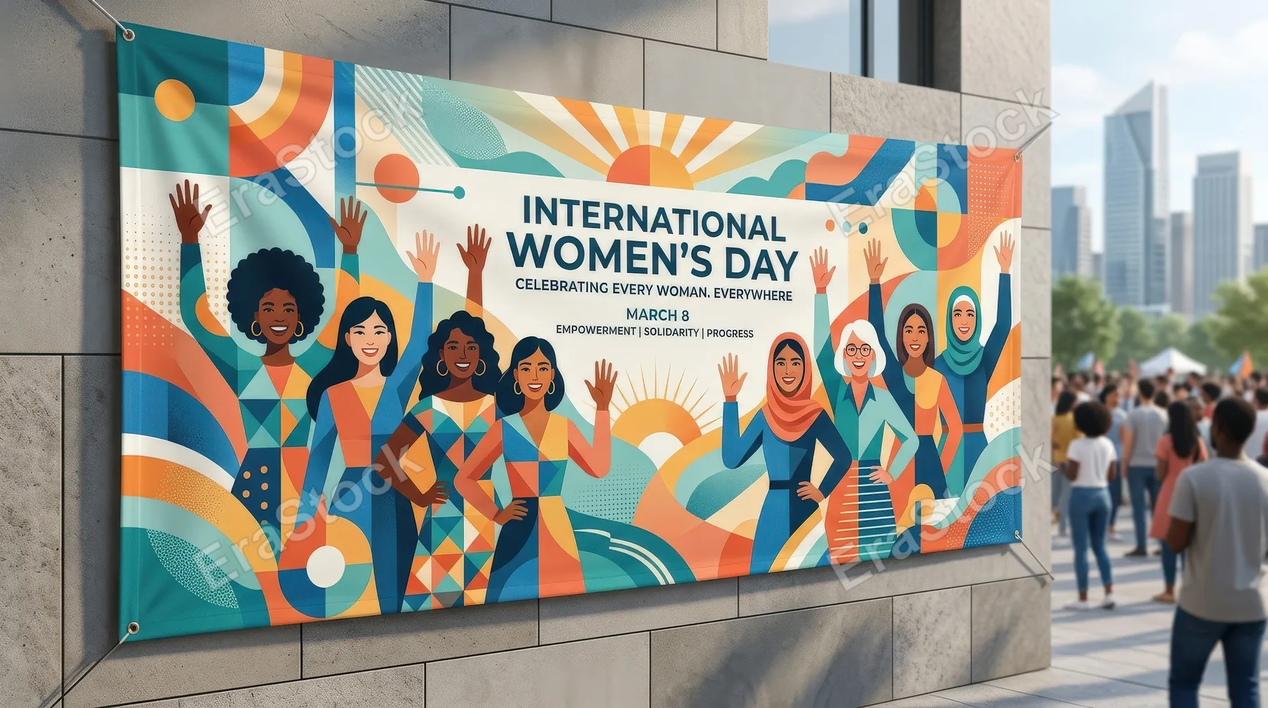 A geometric minimalist International Women’s Day banner with diverse joyful women raising open palms, clean shapes, empowering solidarity, modern flat composition in a hopeful inclusive mood,