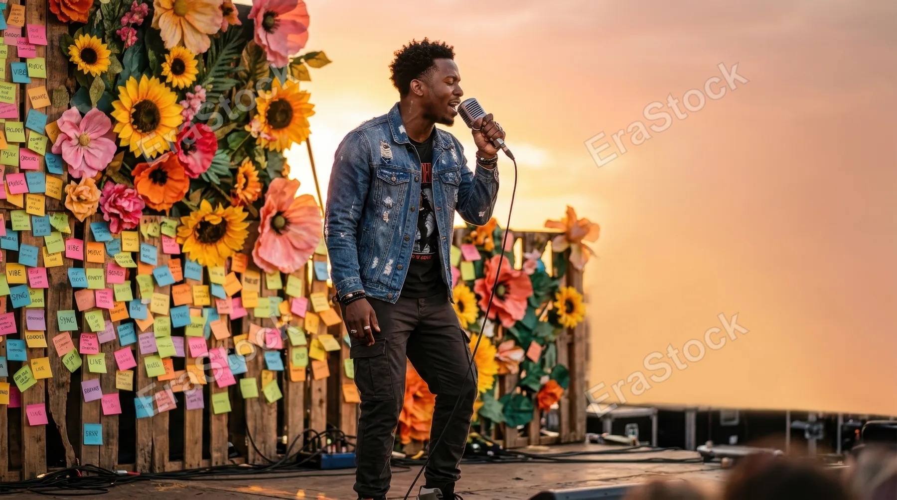 a bold graphic composition focusing on the musician holding the microphone amidst a backdrop of oversized flowers and colorful sticky notes, surrounded by generous
