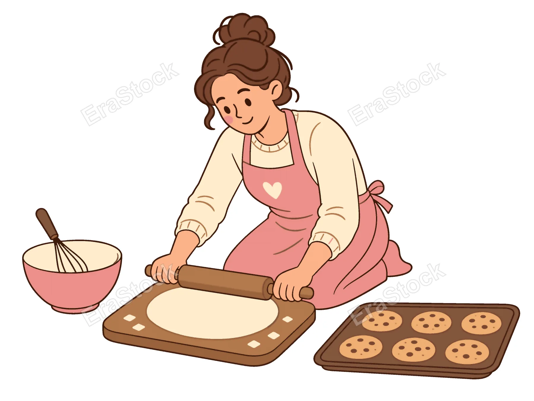 A cheerful woman in an apron kneads dough on a cutting board, with a bowl and whisk ready for ingredients and a tray of baked cookies