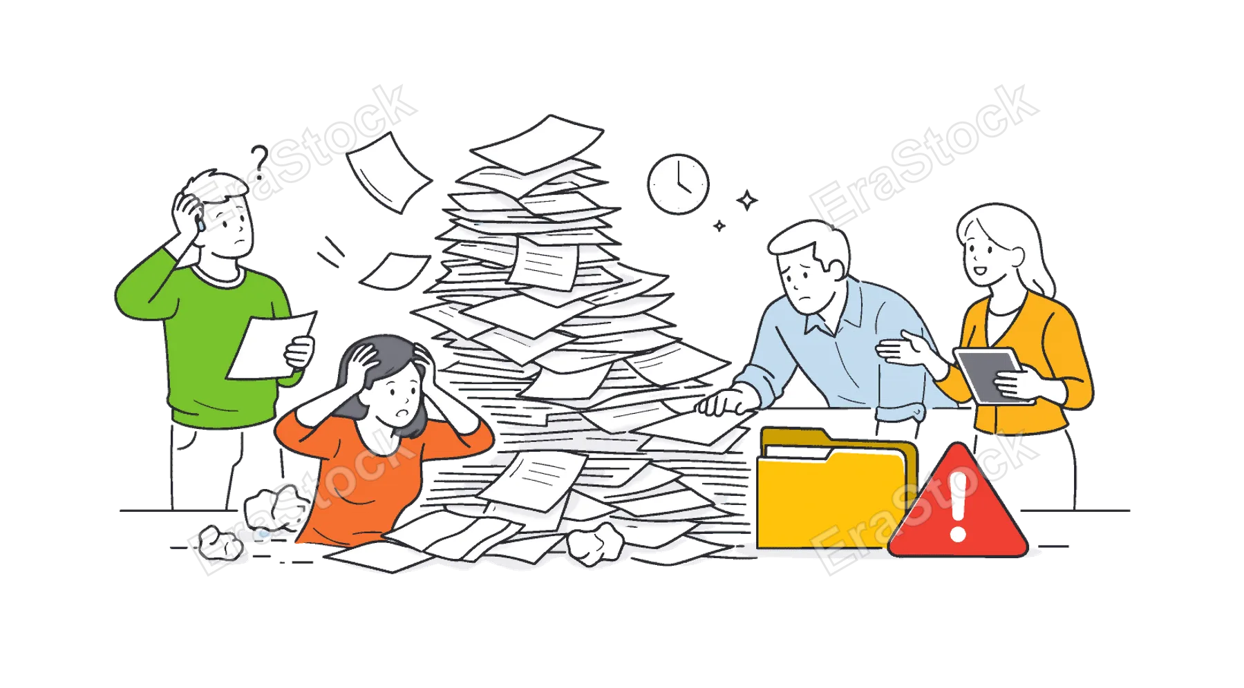 Process inefficiency and document management challenges in a business workflow where disorganized paperwork slows productivity and creates confusion, illustrated by a