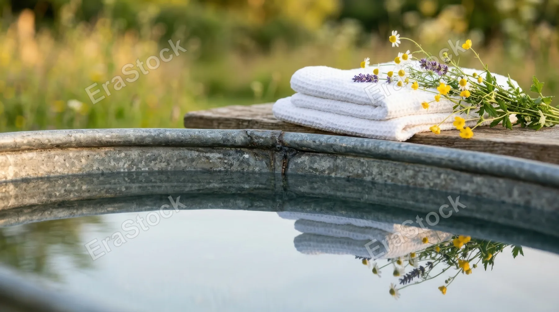 a close-up detail shot of the galvanized cold plunge tub, highlighting the clarity of the water reflecting the soft white towels and delicate meadow flowers. the texture