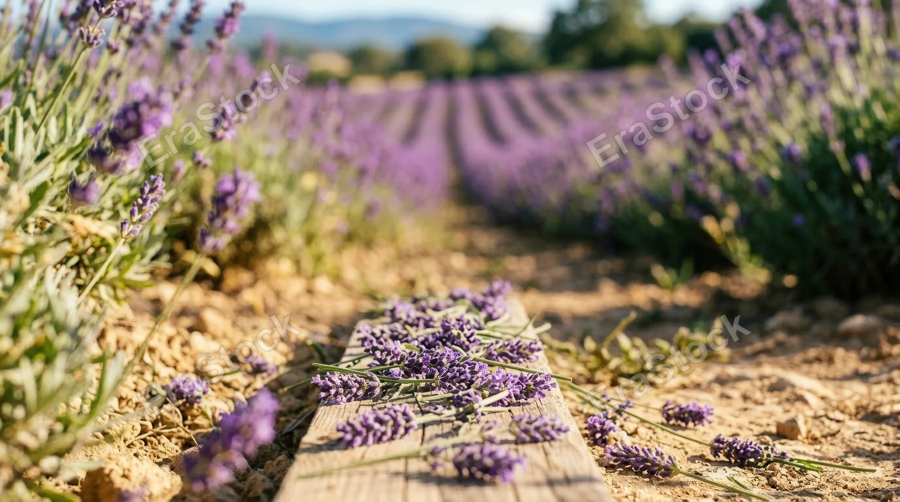 a tight focus on a few sprigs of lavender scattered among the vibrant rows, emphasizing their aromatic texture and rich purple hues. the warm sandy tones in the