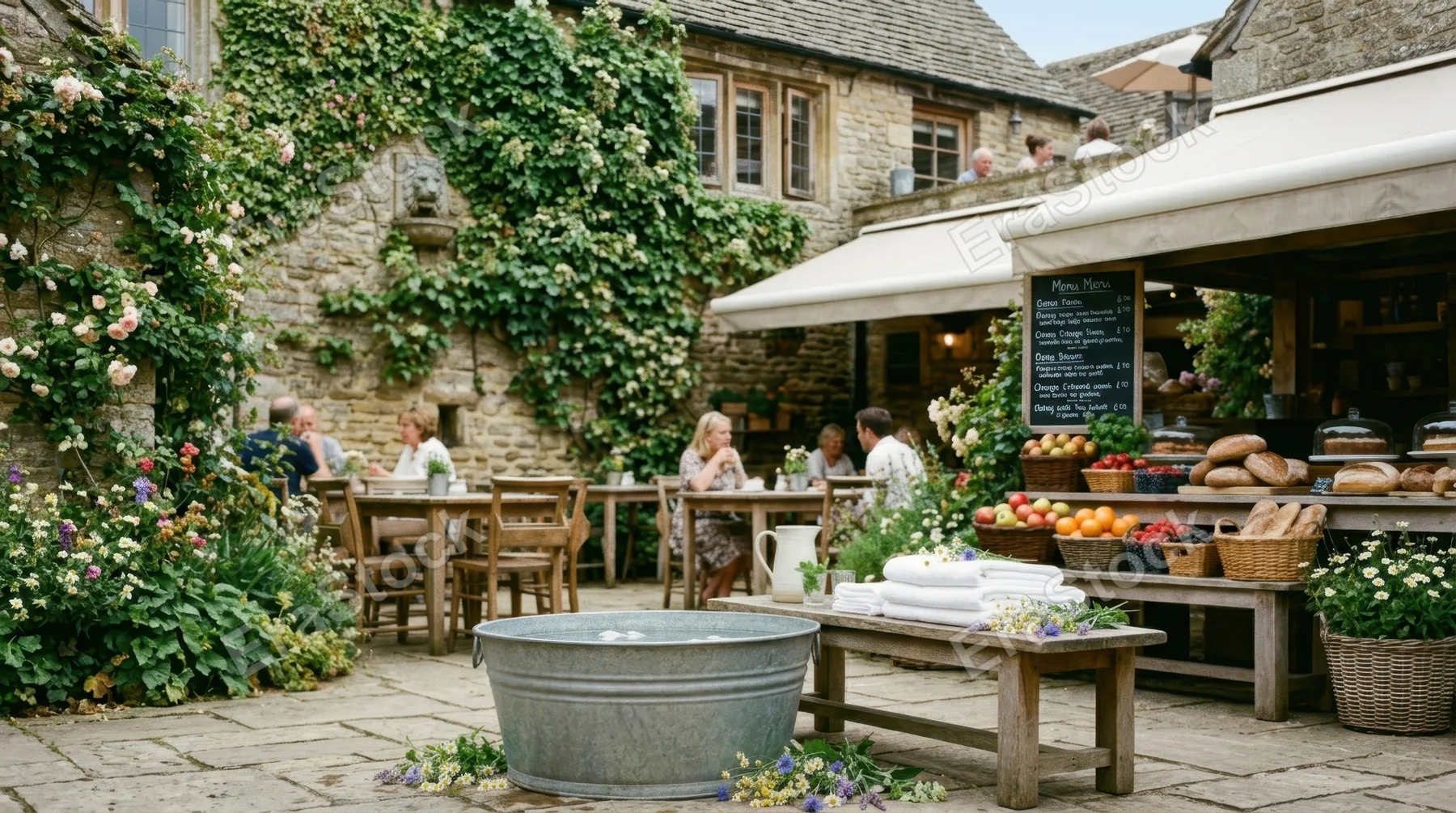 a serene outdoor cafe scene featuring a galvanized cold plunge tub filled with crisp, clear water, positioned in the lower third of the frame. soft white towels are