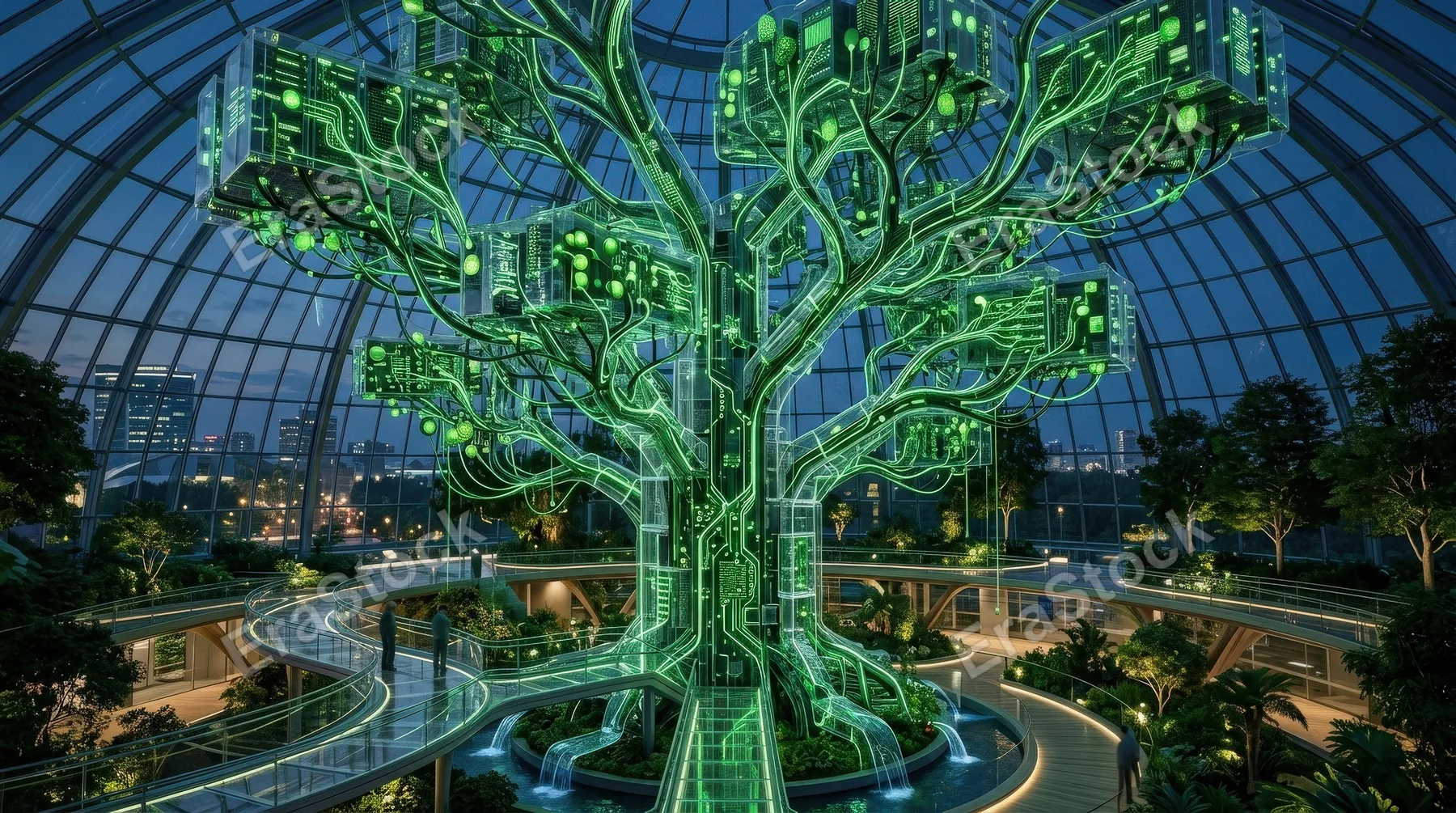 A sustainable AI server network growing like a digital plant, green circuitry branching across transparent hardware, eco-technology atmosphere, soft futuristic glow, ultra-realistic, no logos.