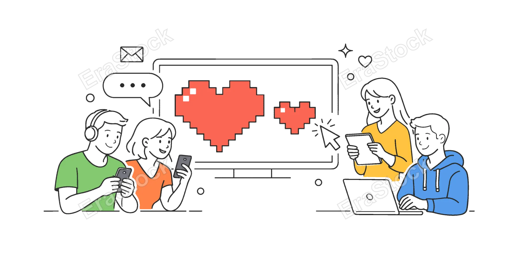 Digital love and online communication in a modern lifestyle context where people express emotions through virtual interactions and messaging platforms, represented by a