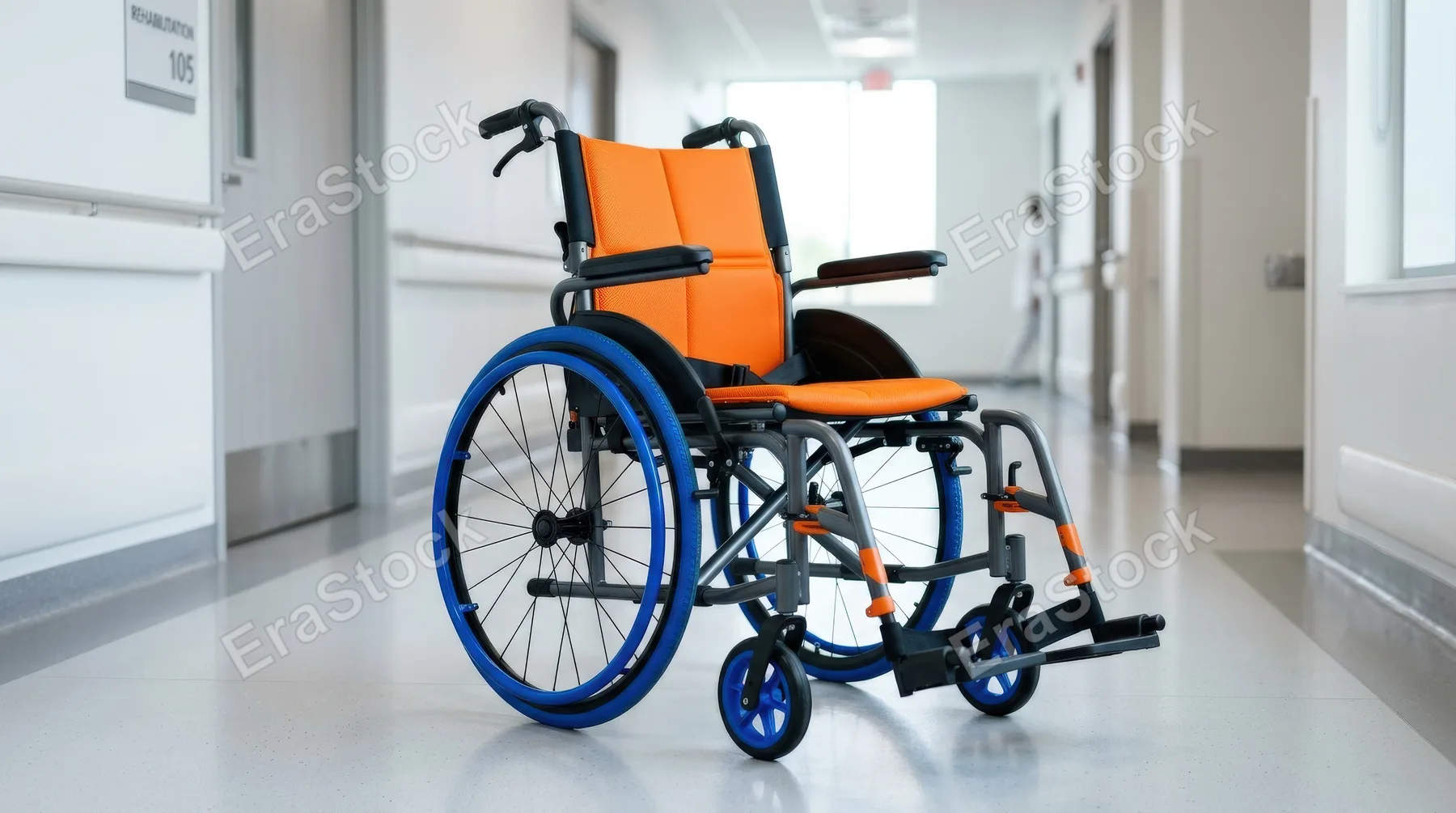 A lightweight companion wheelchair with a bright orange seat and vivid blue wheels, modern practical design and clean clinical presentation, ultra-realistic, no logos.