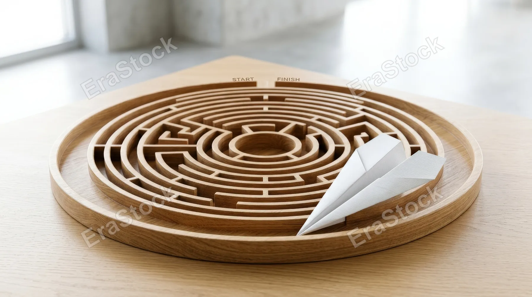 A paper airplane flying around the outside edge of a circular maze, avoiding the interior complexity, clean abstract setting, symbol of innovation shortcuts and lateral thinking, bright clever