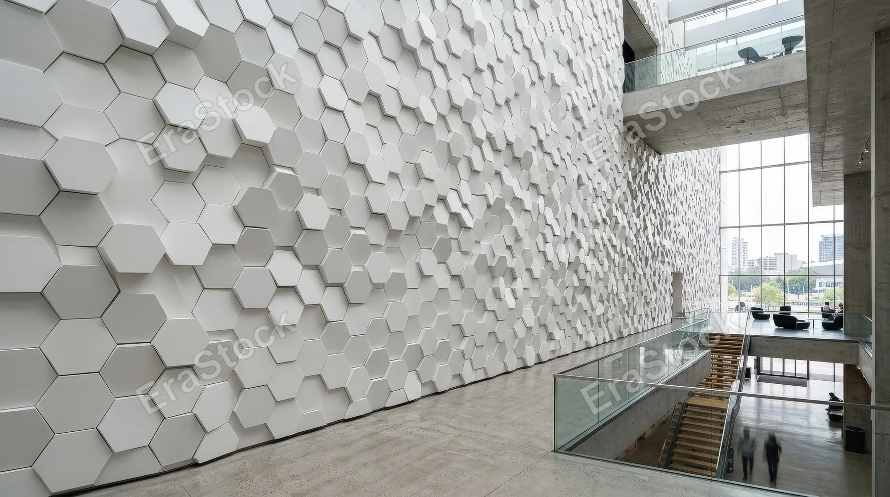 Panoramic wall of randomly shifted white honeycomb hexagons, clean geometric relief, modern architectural atmosphere, ultra-realistic, no logos.