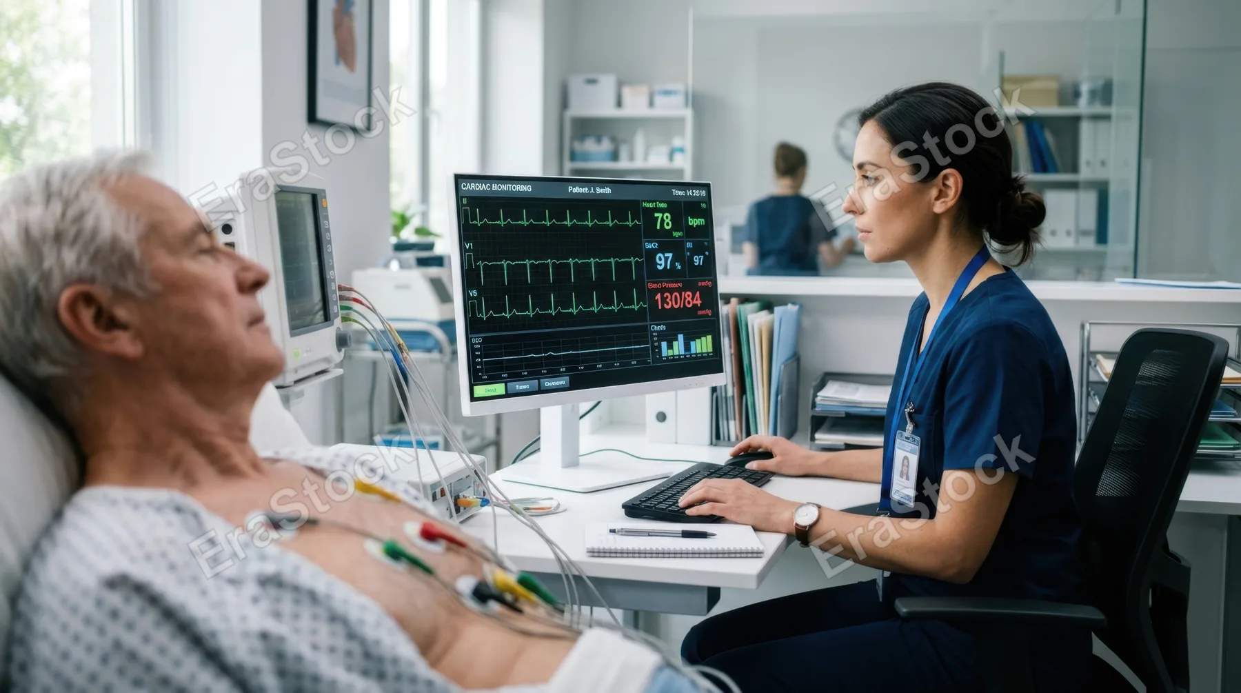 Medical technician observing cardiac test results on a monitor, patient partially visible with connected electrodes, clean modern clinic setting, soft lighting enhancing