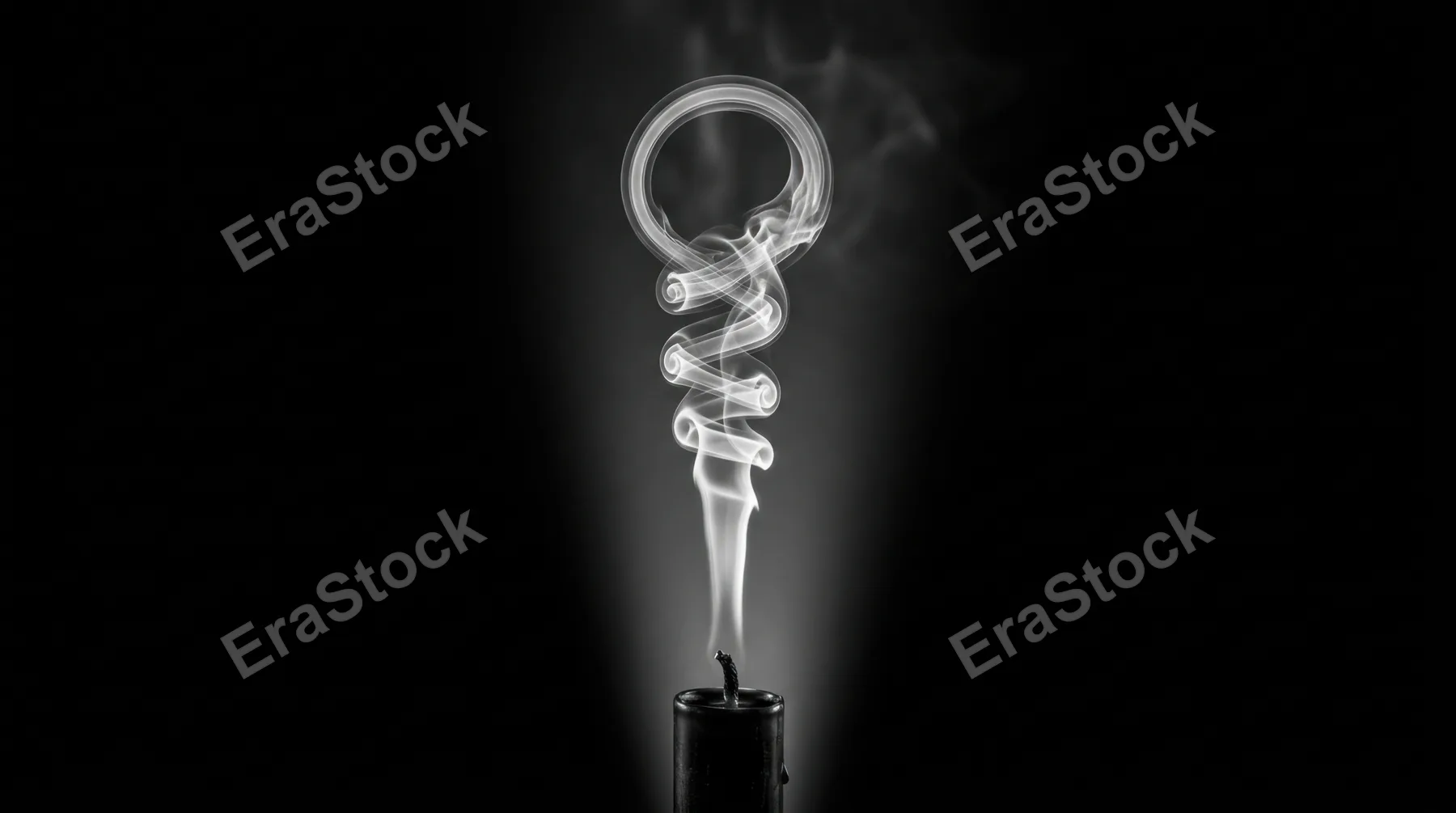 Pure white smoke ribbon rising from an extinguished candle wick, twisting into an impossibly elegant corkscrew column before dissolving into atmospheric haze, the slender