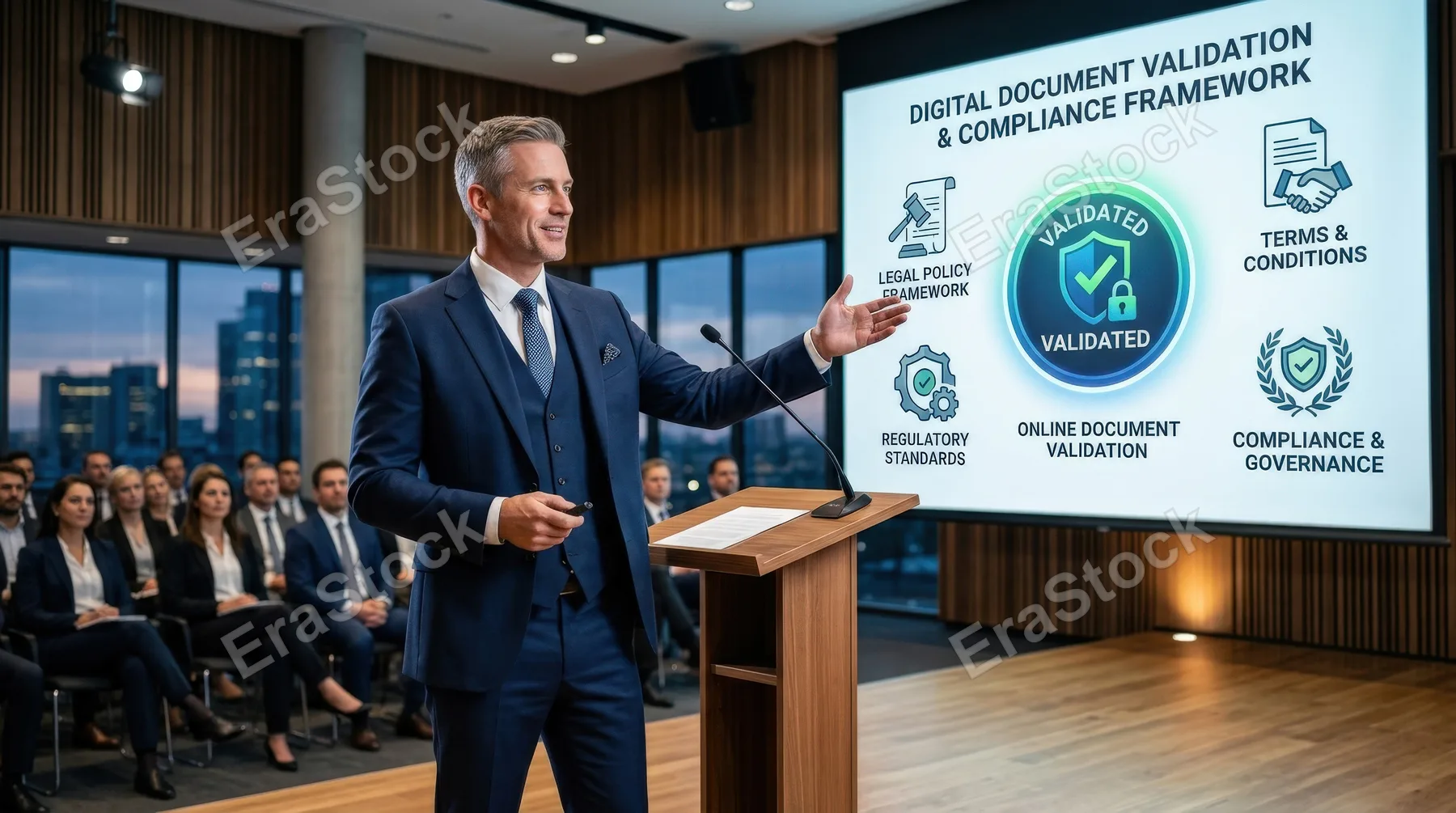 A businessman presenting an online document validation icon with legal policy graphics, terms-and-conditions visuals and regulation symbols, sharp corporate setting, trustworthy governance mood,