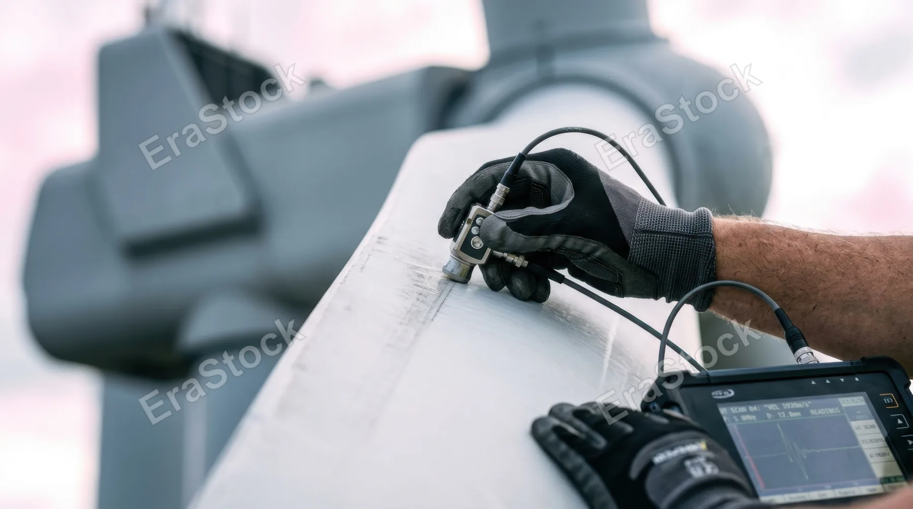 an extreme close-up of a wind technician's hands skillfully using sleek precision tools to inspect the integrity of wind turbine blades, set against a backdrop of cool