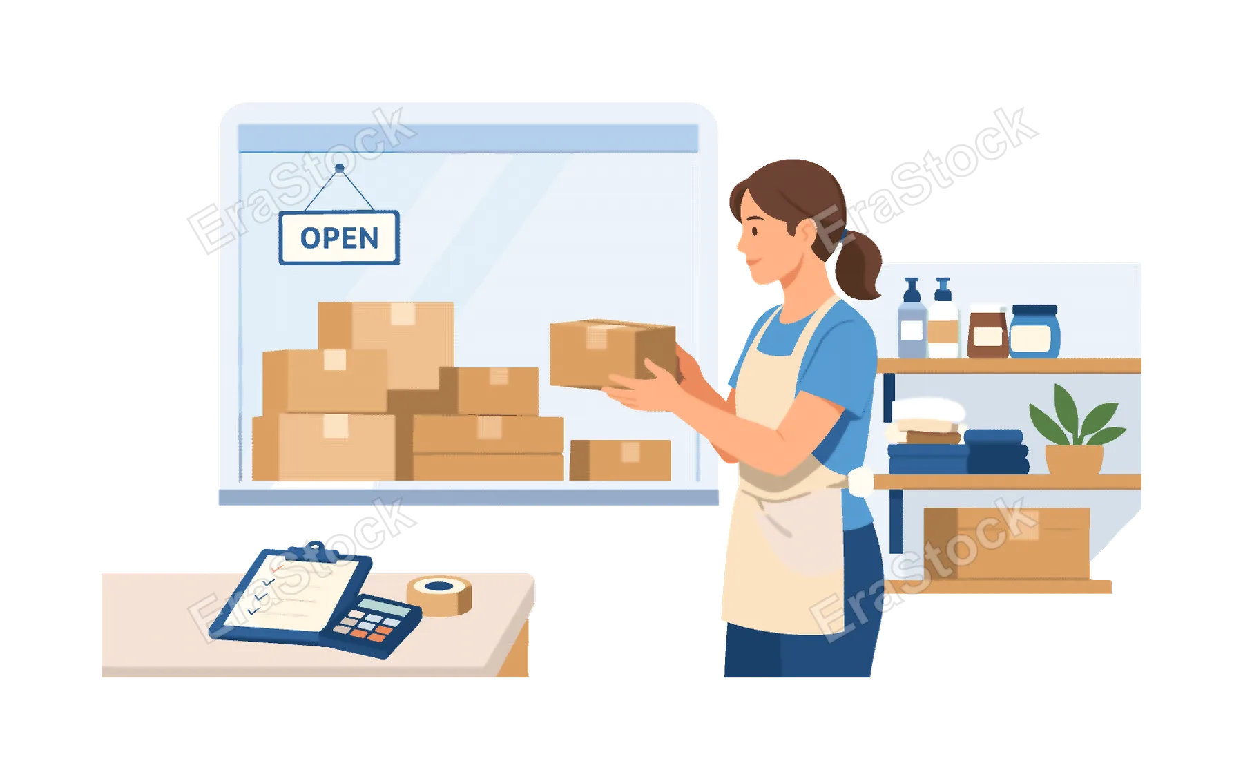 A small business retail scene showing an owner organizing products and preparing the store for customers, reflecting entrepreneurship, daily operations, and attention to