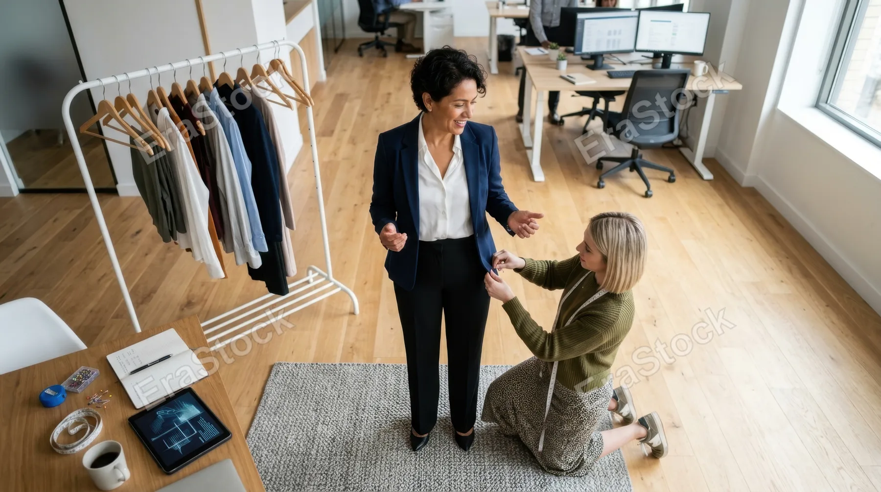an overhead view of the engaged interaction between the stylist and the 45-year-old hispanic female model as they navigate the fitting process in a light-filled legal