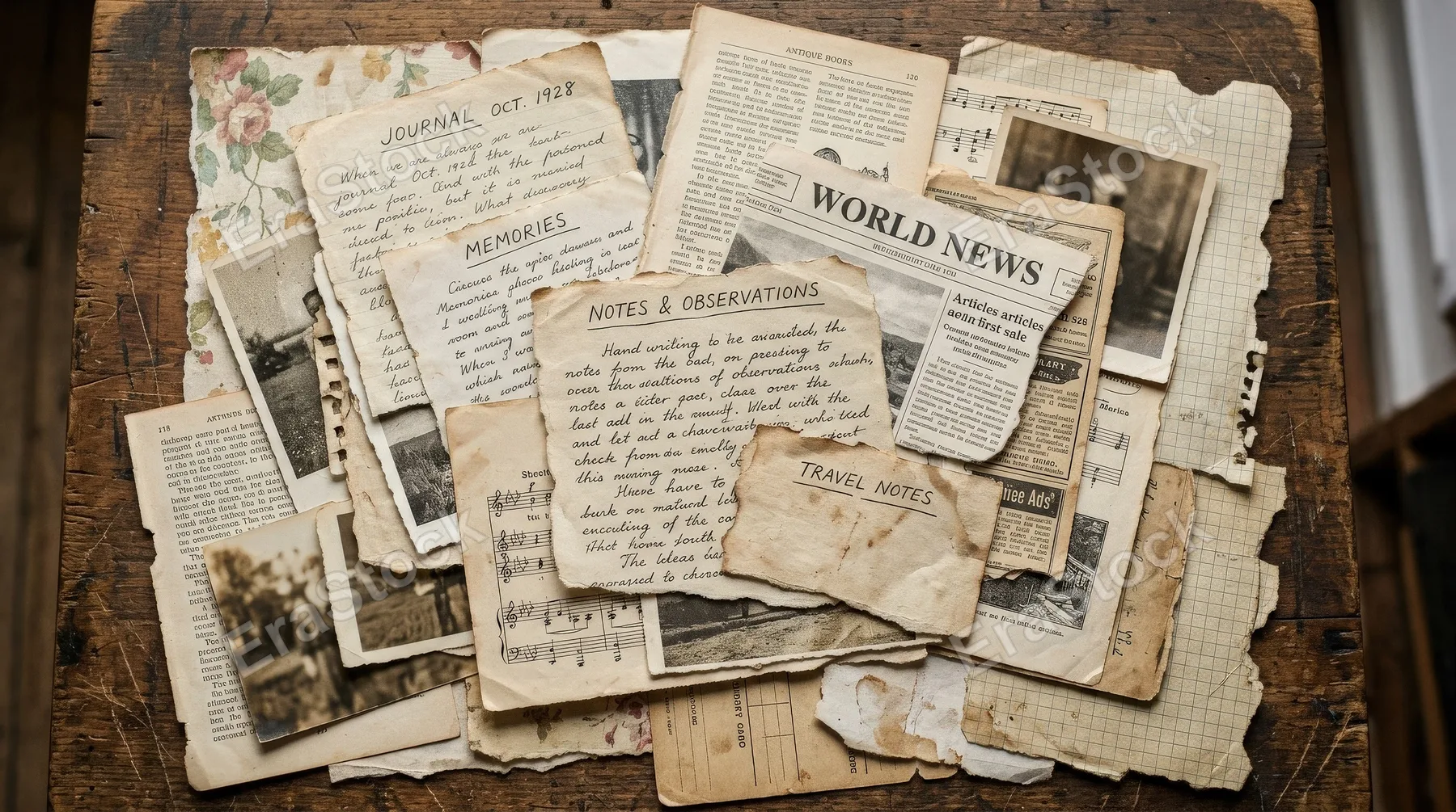 Ripped paper pieces with jagged edges arranged for vintage collage, layered torn sheet fragments full of handcrafted retro texture, ultra-realistic, no logos.