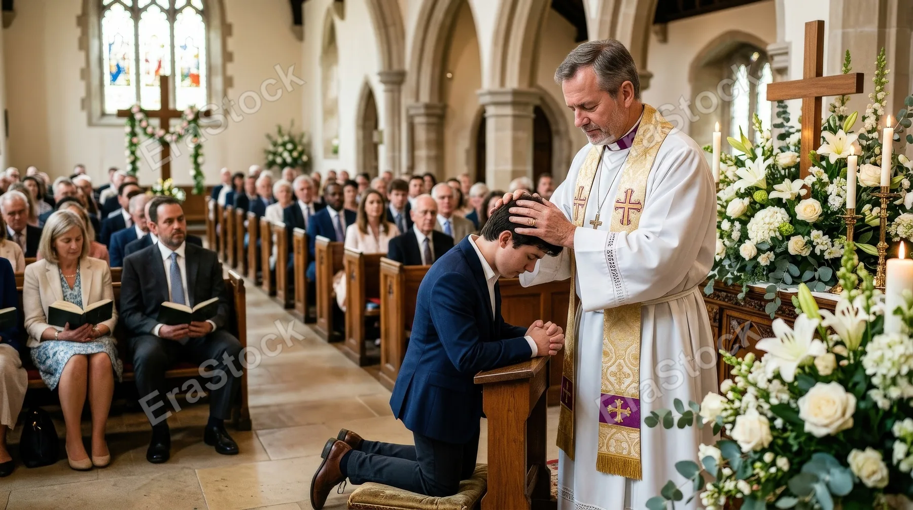 A pastor praying over a young man in church, hands gently placed in blessing, Easter service with congregation nearby, floral altar decor, reverent faith guidance atmosphere, ultra-realistic, no